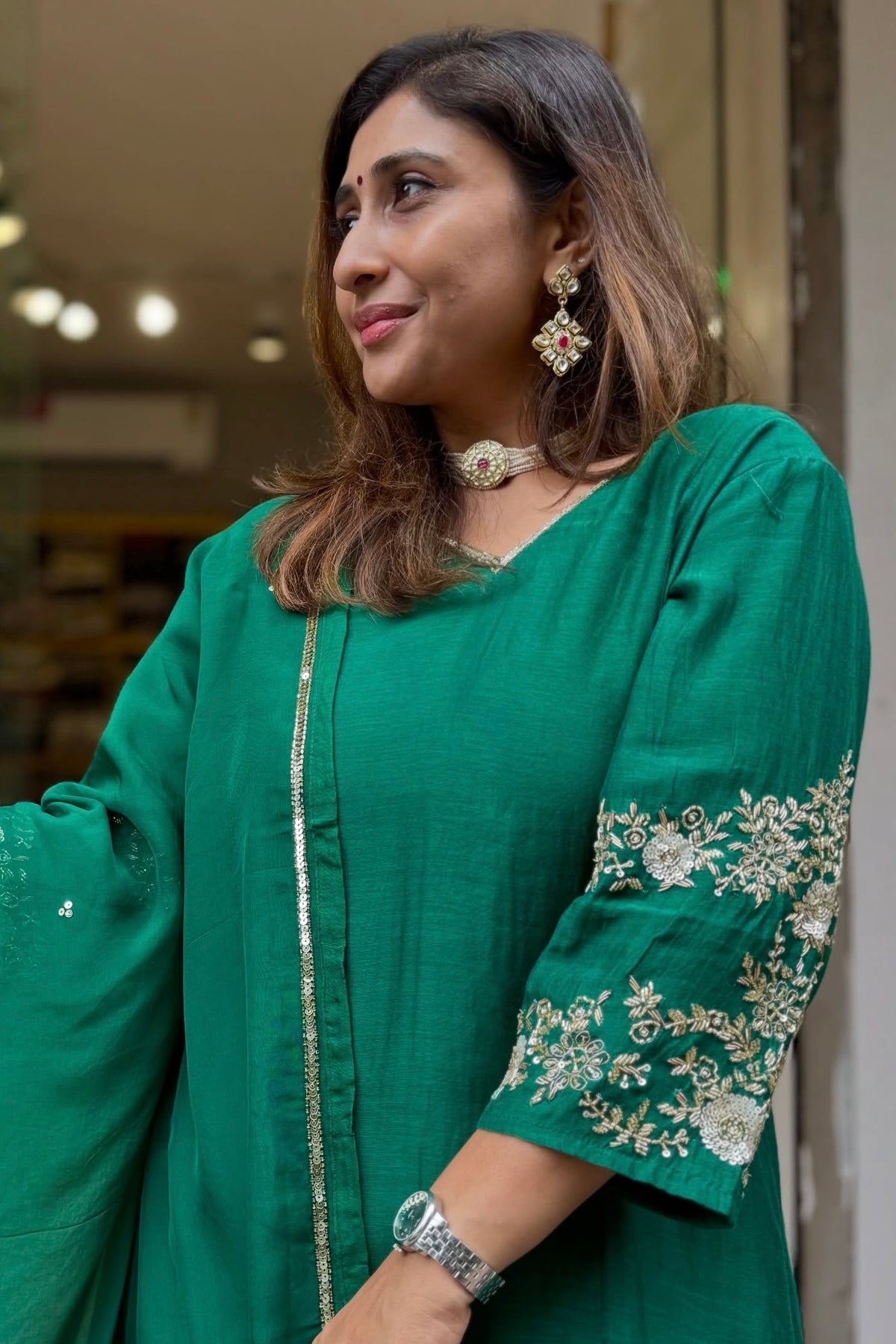 ✨”Zaria -Green Mul Chanderi A-Line Kurta Set