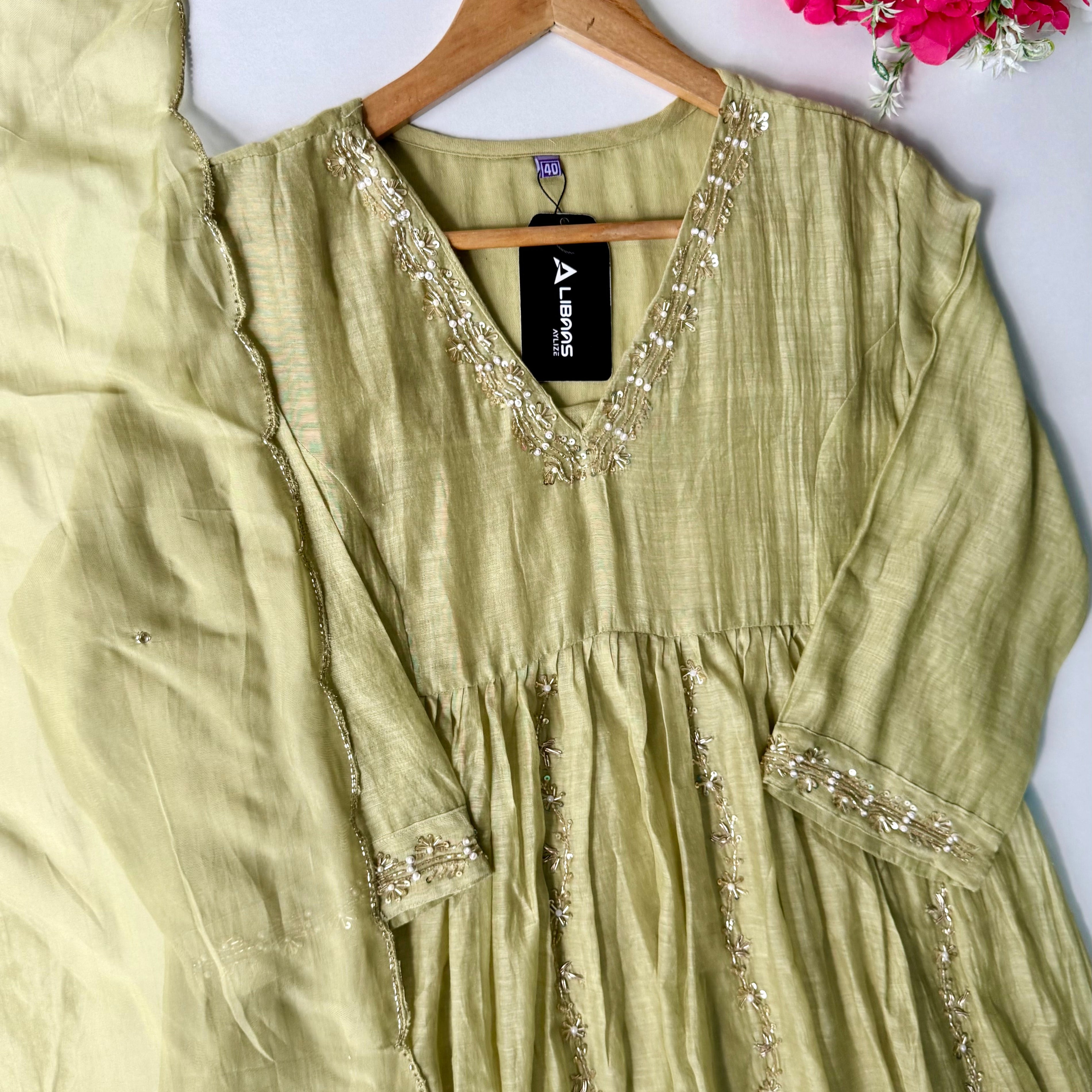 ✨Florence - Olive Pistachio Mul Chanderi Anarkali Suit set 🛍️