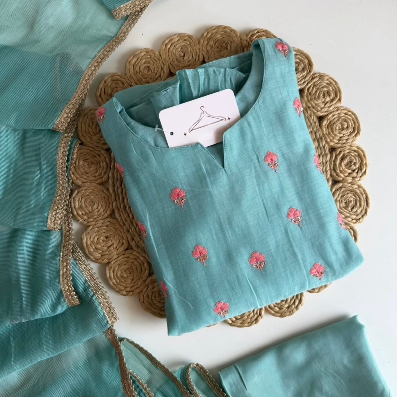 🛍️”Delilah – Premium Aqua Green Mul Chanderi A Line Kurta Set