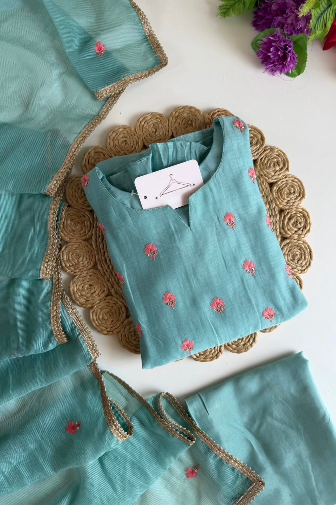 🛍️”Delilah – Premium Aqua Green Mul Chanderi A Line Kurta Set