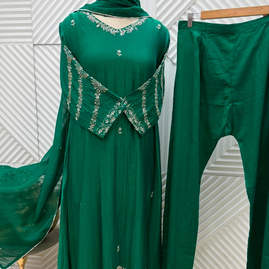✨”Eshal - Premium Mul Chanderi A-Line Kurta Set