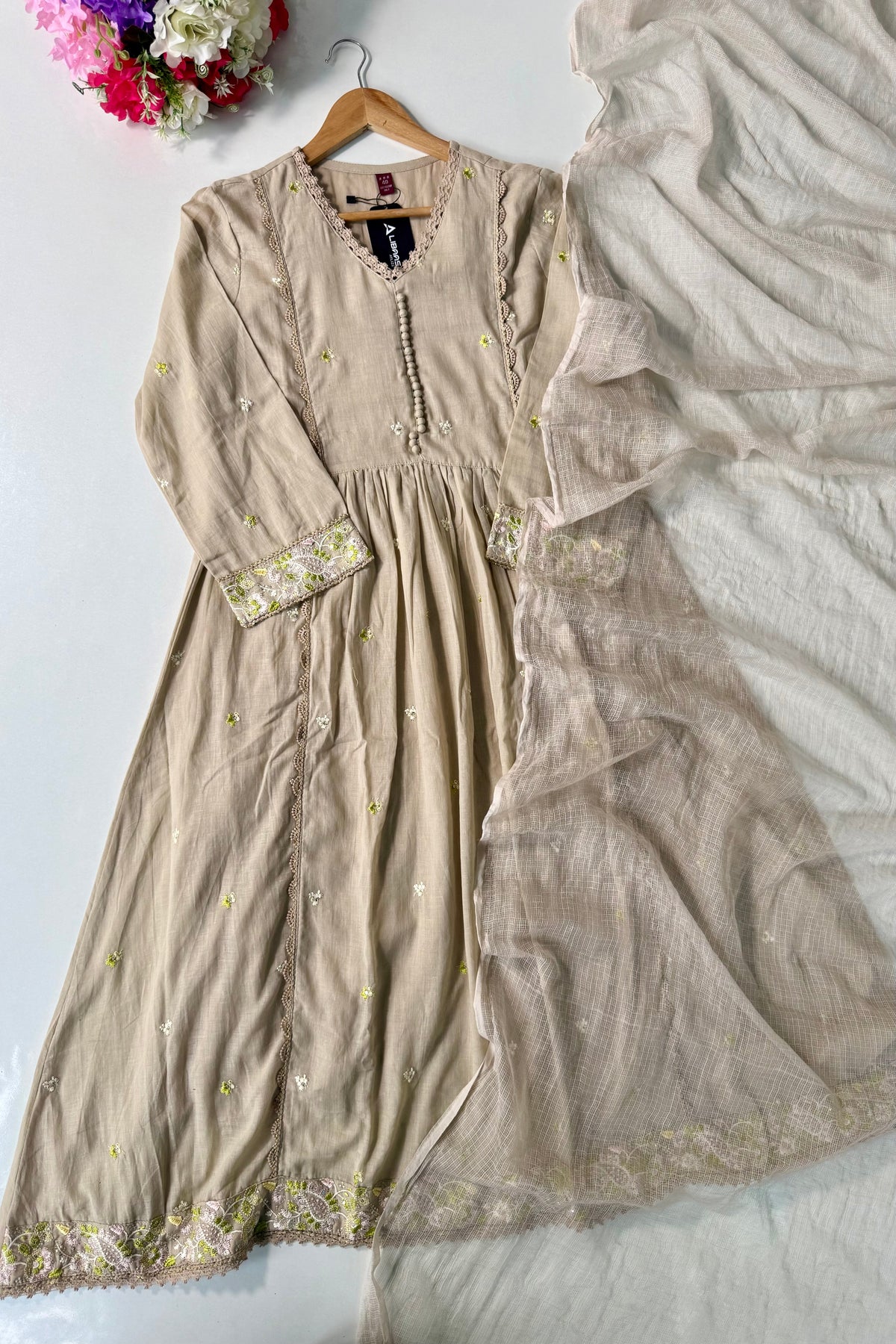 “Sana” Premium Sand Beige Cotton Embroidered Anarkali kurta set