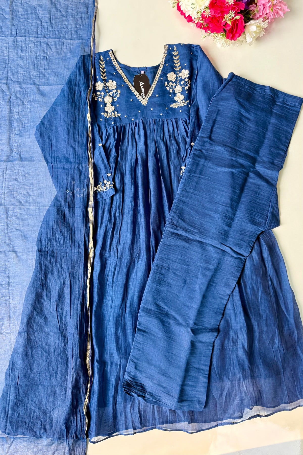 🛍️”Melody –  Premium Blue Banarsi Mul Chanderi Anarkali Suit