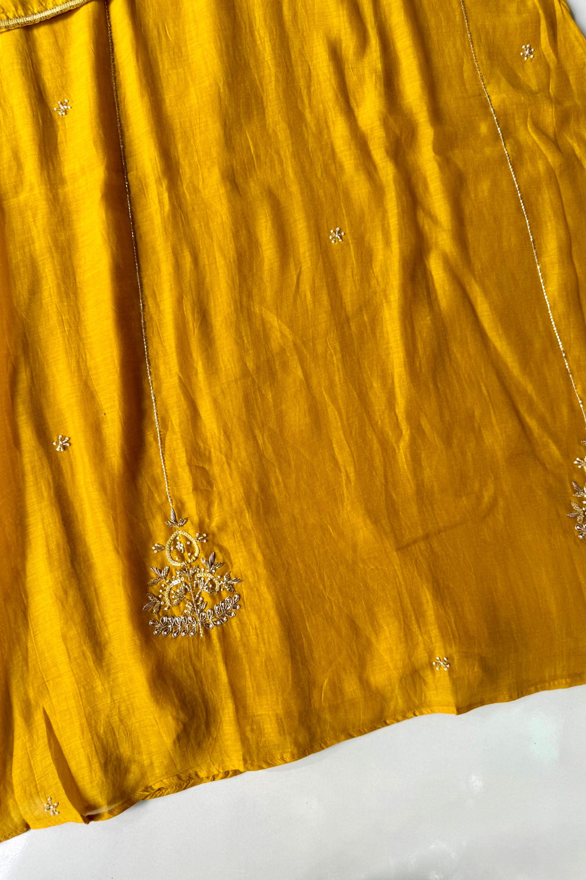 ✨”Zaria - Mustard Mul Chanderi A-Line Kurta Set