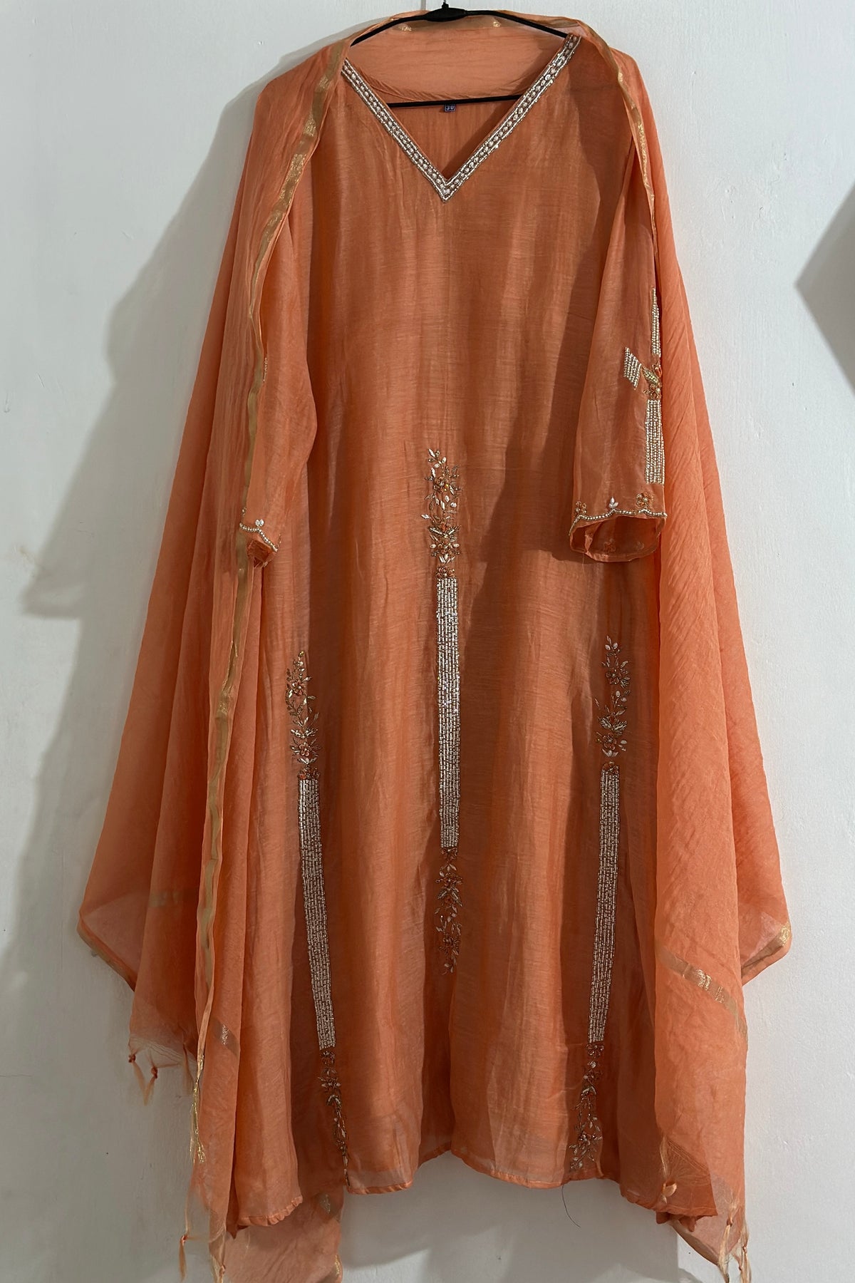 ✨ Mishka- Premium Coral Peach Mul Chanderi A Line Kurta Set