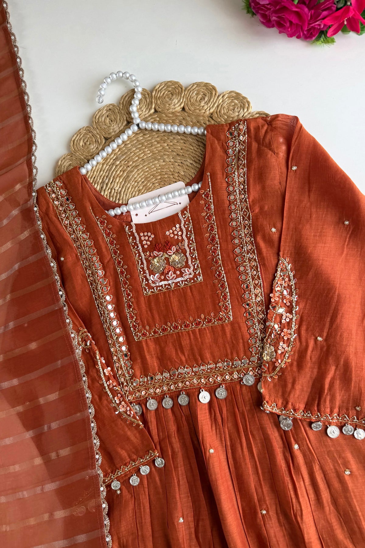 ✨”Noor - Premium Orange Mul Chanderi A-Line Kurta Set