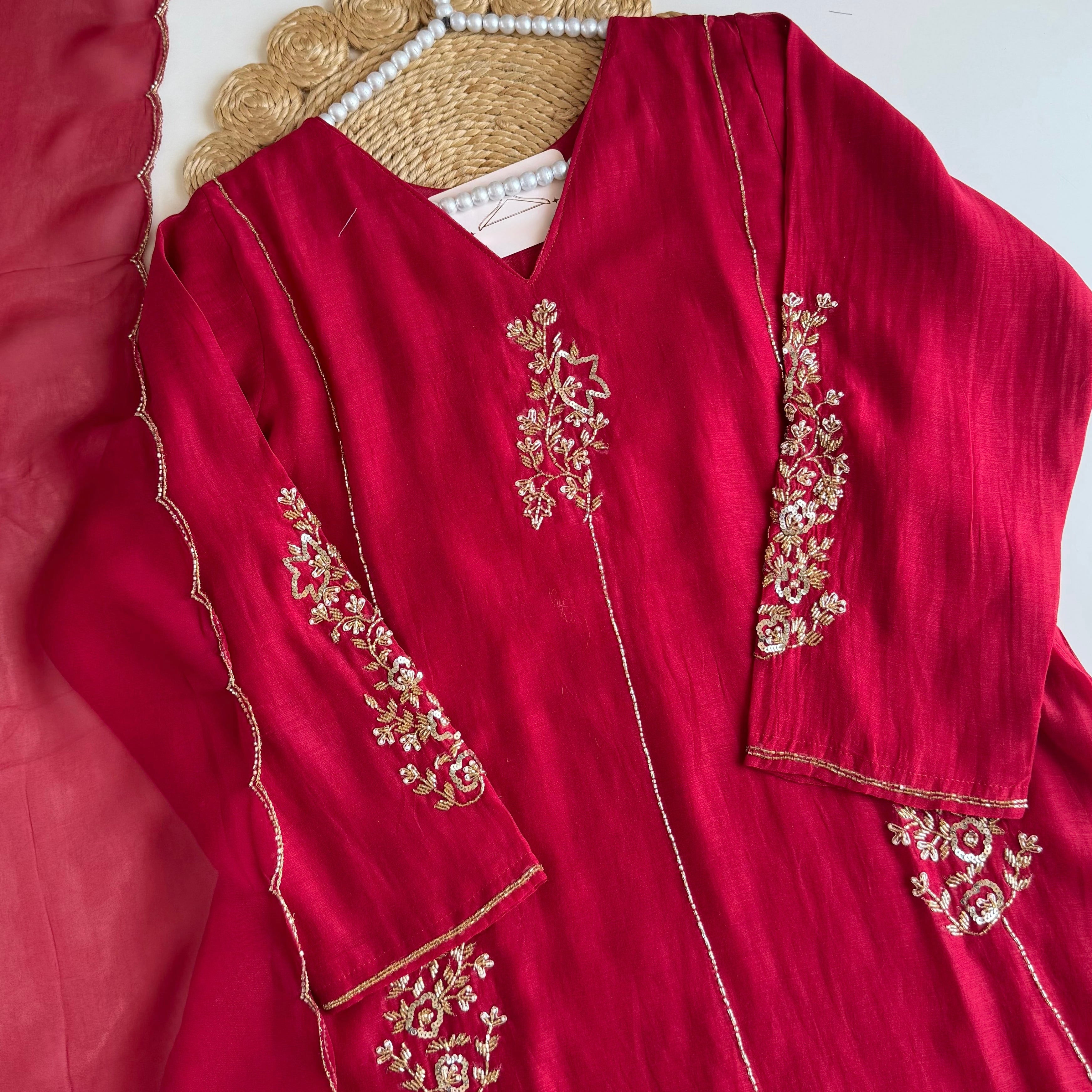 ✨”Rida - Premium Red Mul Chanderi A-Line Kurta Set