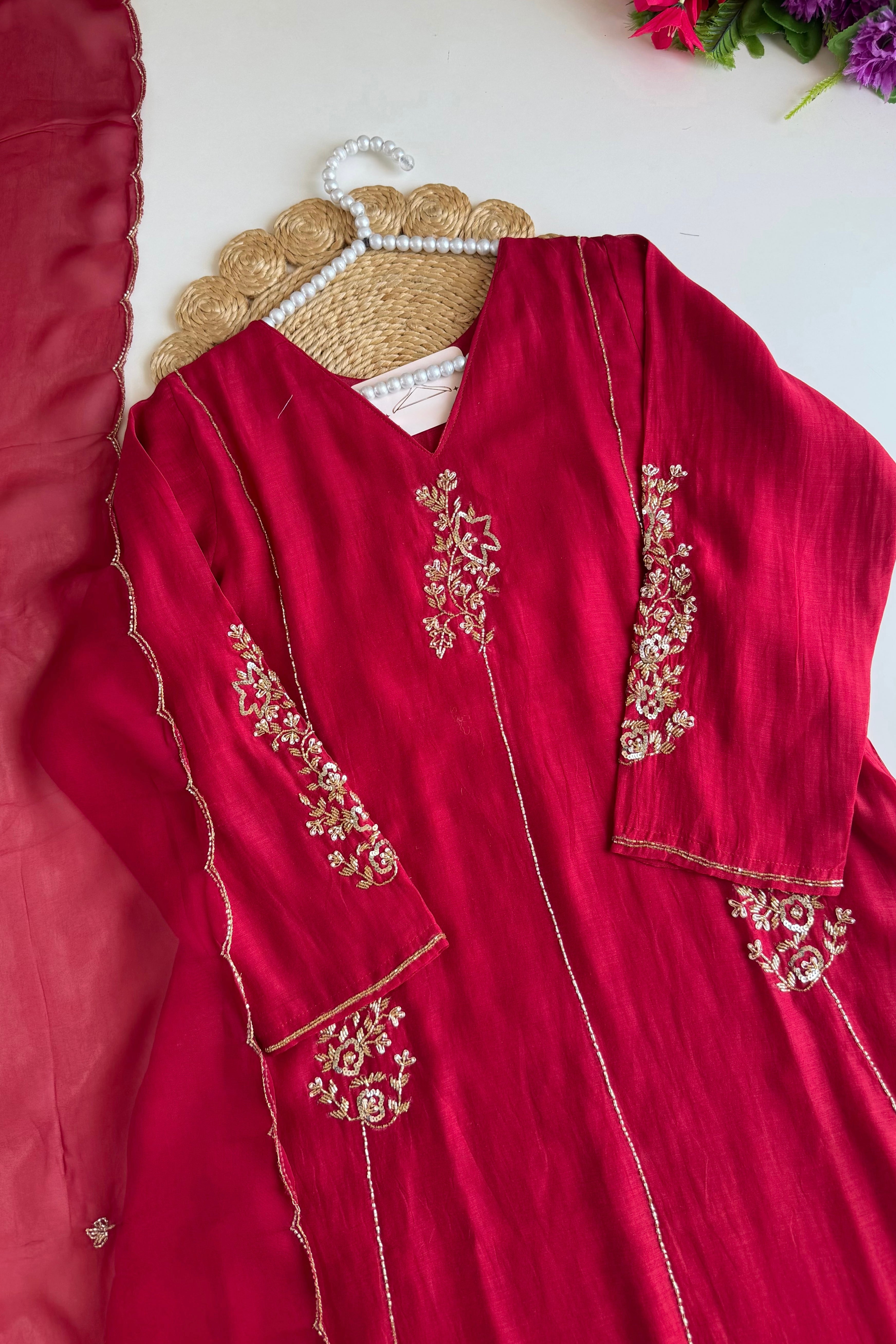 ✨”Rida - Premium Red Mul Chanderi A-Line Kurta Set