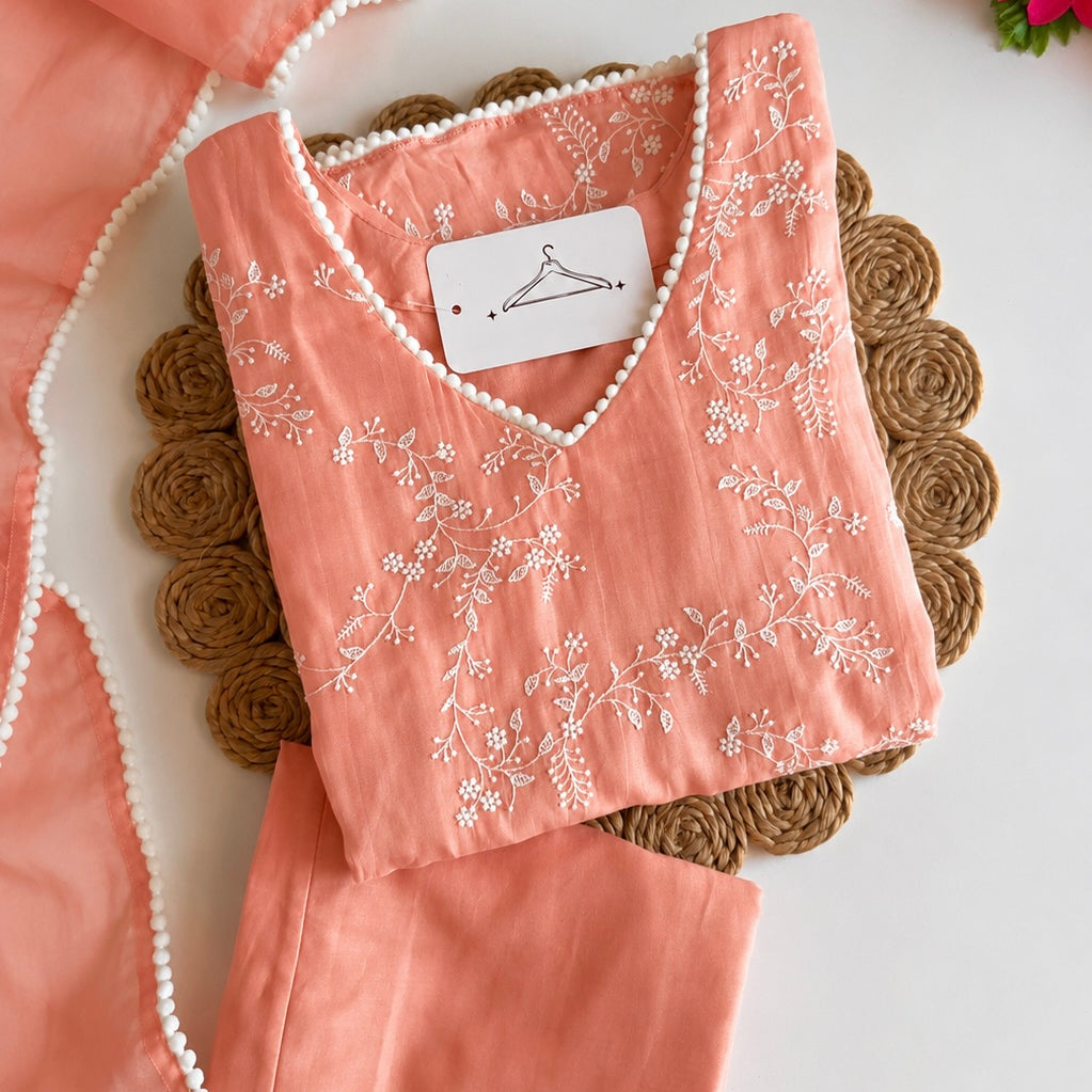 “Elina” Blush Peach Crushed Chanderi A Line Suit set 🛍️