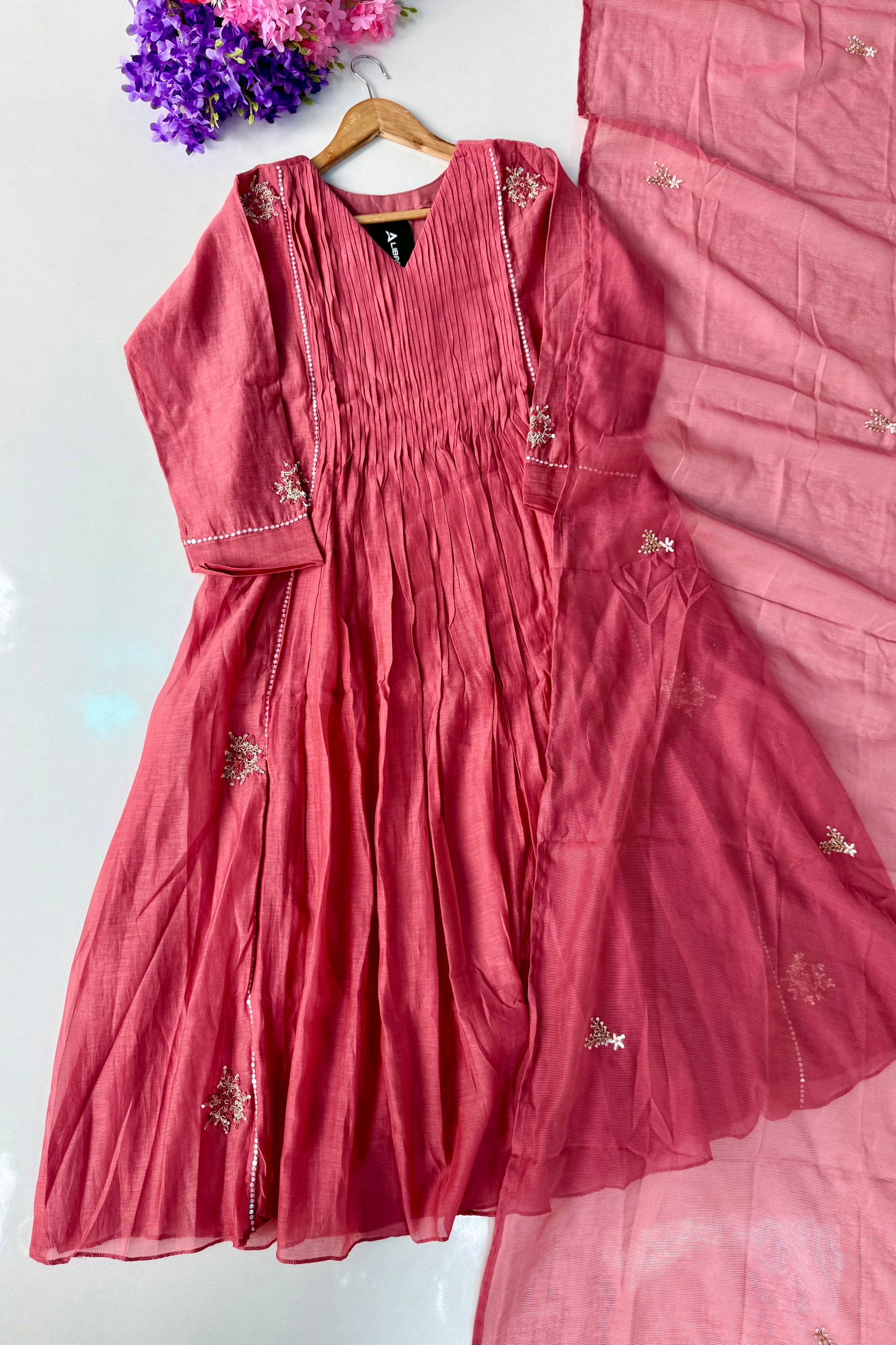 🛍️”Daisy –  Premium Red Mul Chanderi A Line Kurta Set