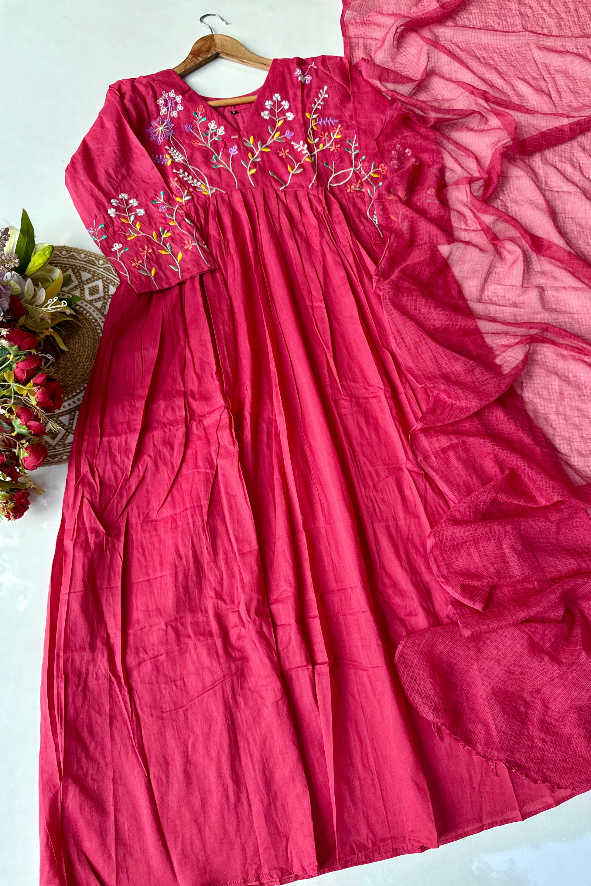 “Ziva” Beautiful Pink Mul Cotton Embroidered Anarkali Kurta Set