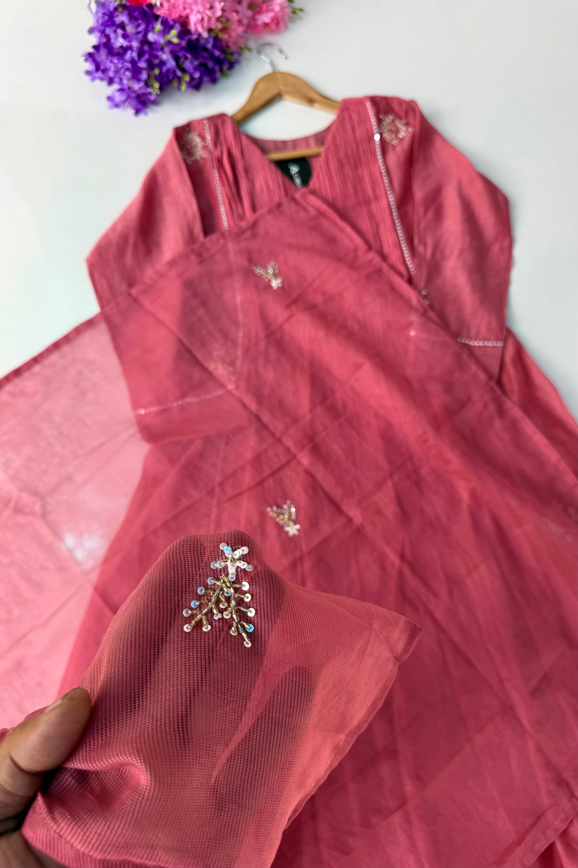 🛍️”Daisy –  Premium Red Mul Chanderi A Line Kurta Set
