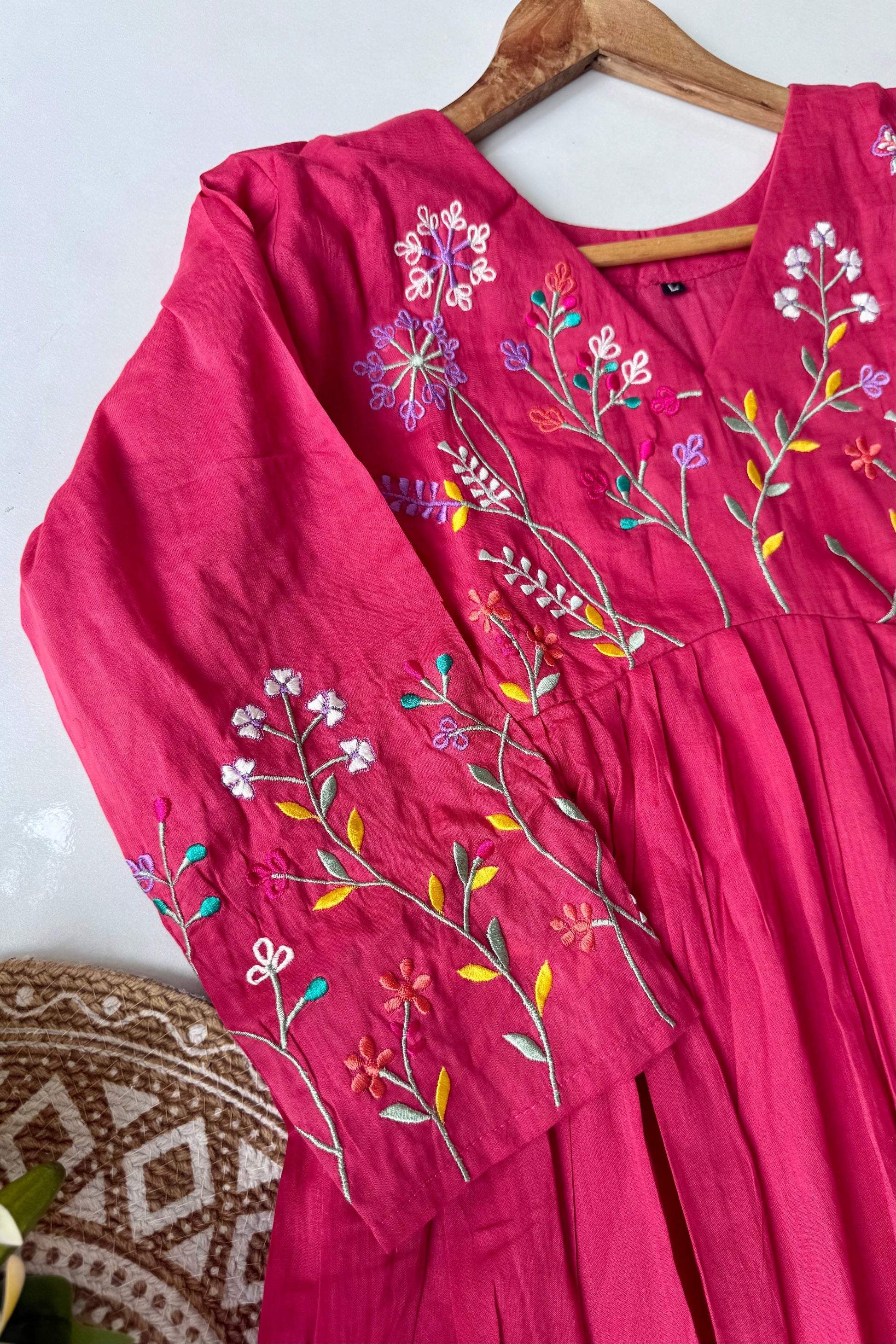 “Ziva” Beautiful Pink Mul Cotton Embroidered Anarkali Kurta Set