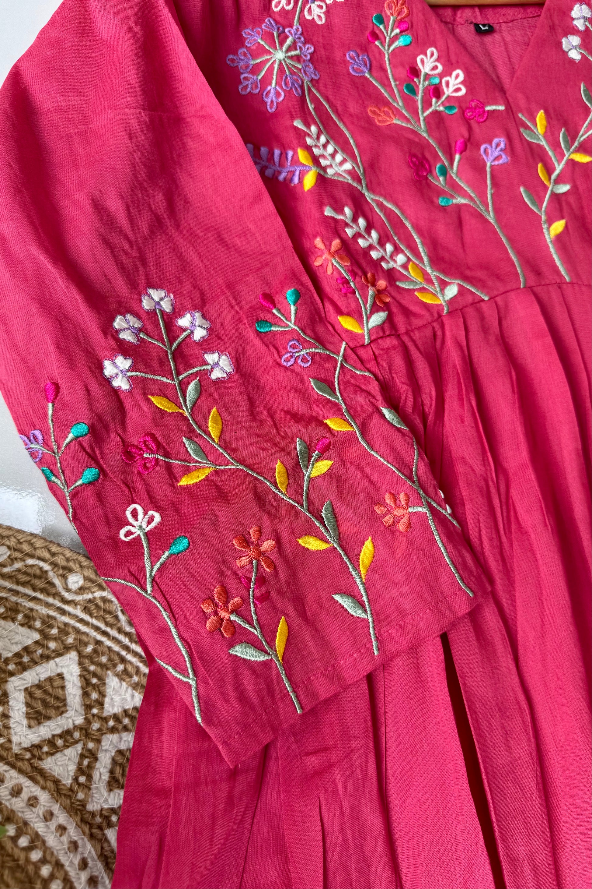 “Ziva” Beautiful Pink Mul Cotton Embroidered Anarkali Kurta Set