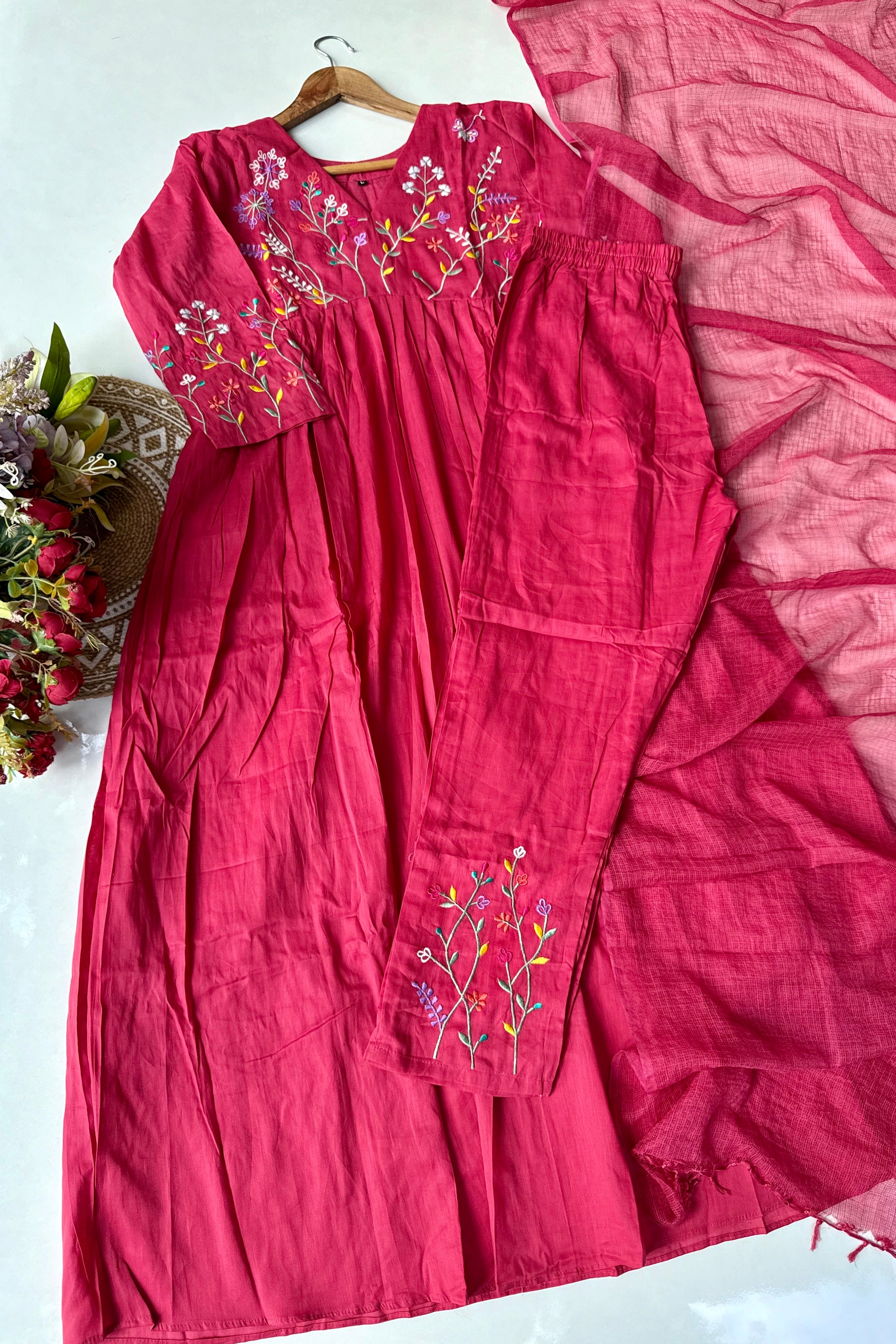 “Ziva” Beautiful Pink Mul Cotton Embroidered Anarkali Kurta Set