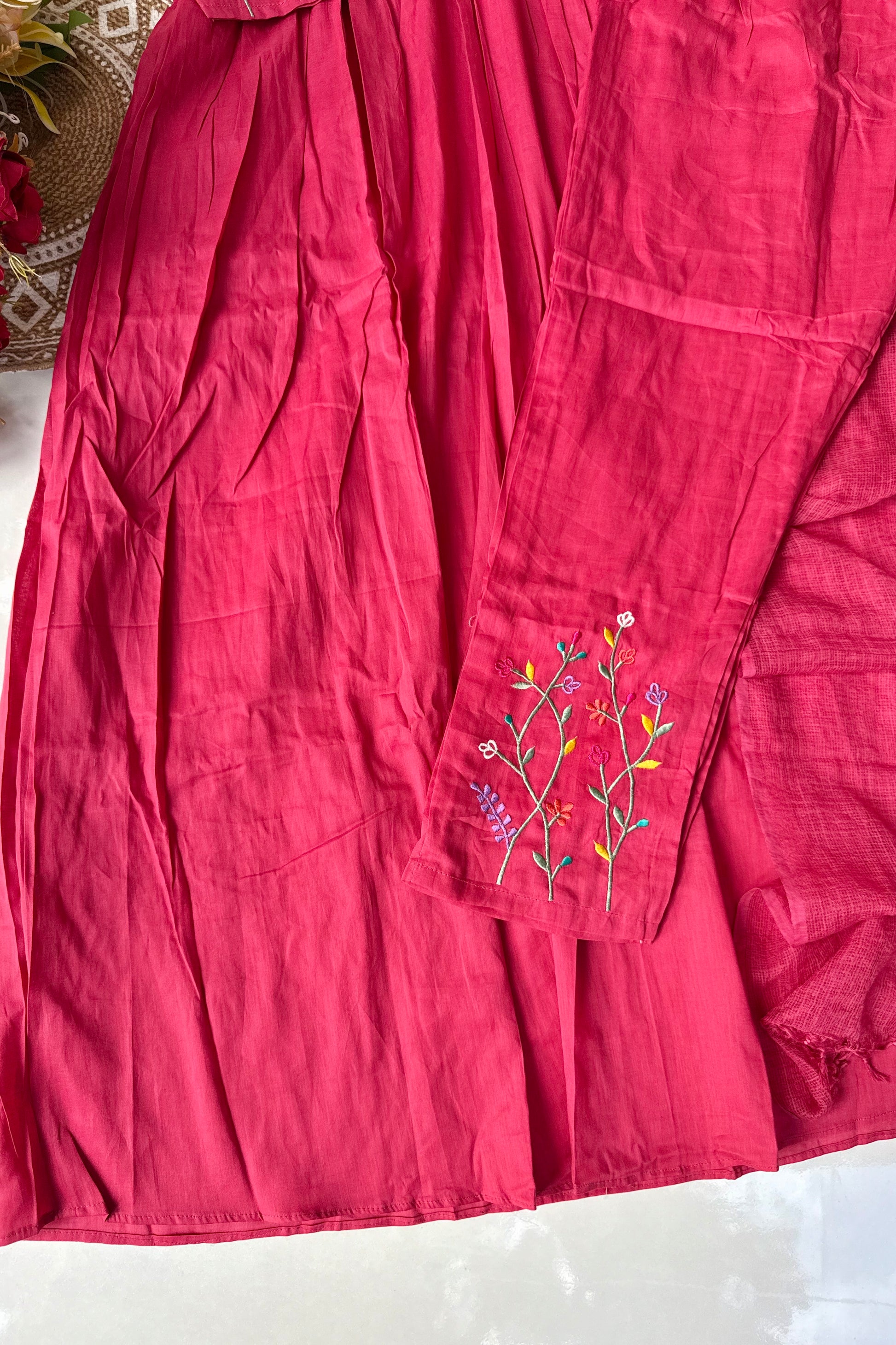 “Ziva” Beautiful Pink Mul Cotton Embroidered Anarkali Kurta Set