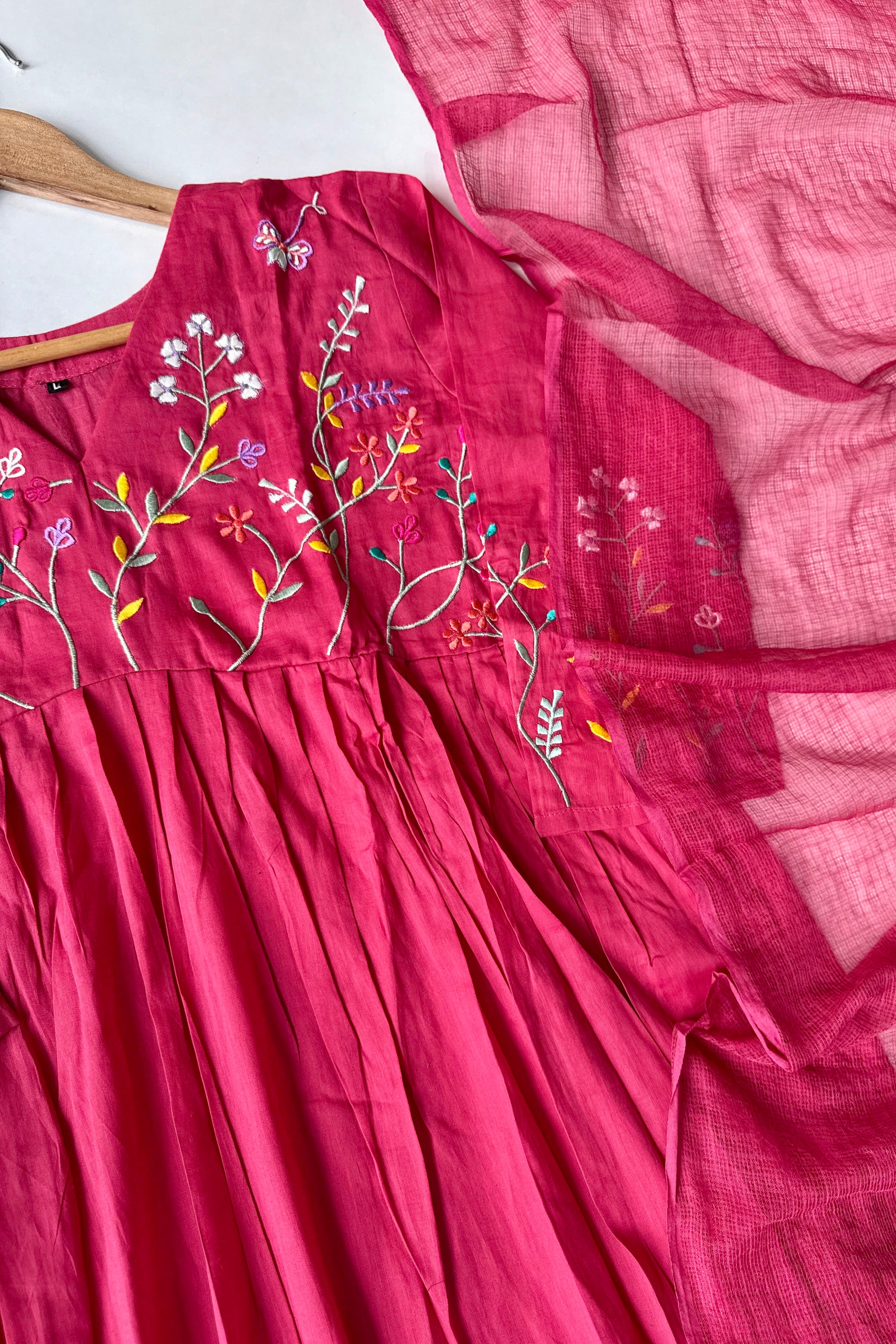 “Ziva” Beautiful Pink Mul Cotton Embroidered Anarkali Kurta Set