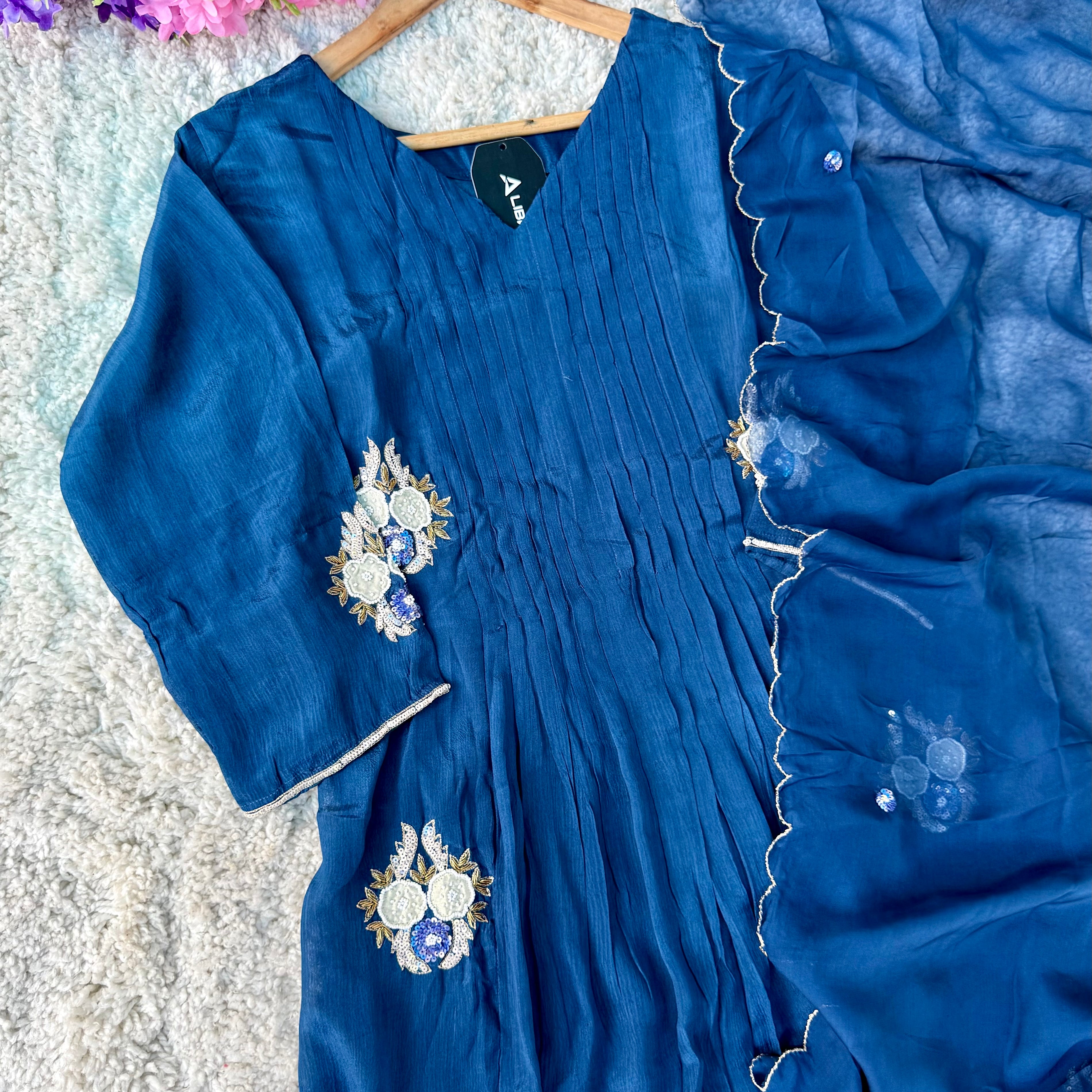 💫Maya – Premium Blue Chinnon A Line Kurta Set