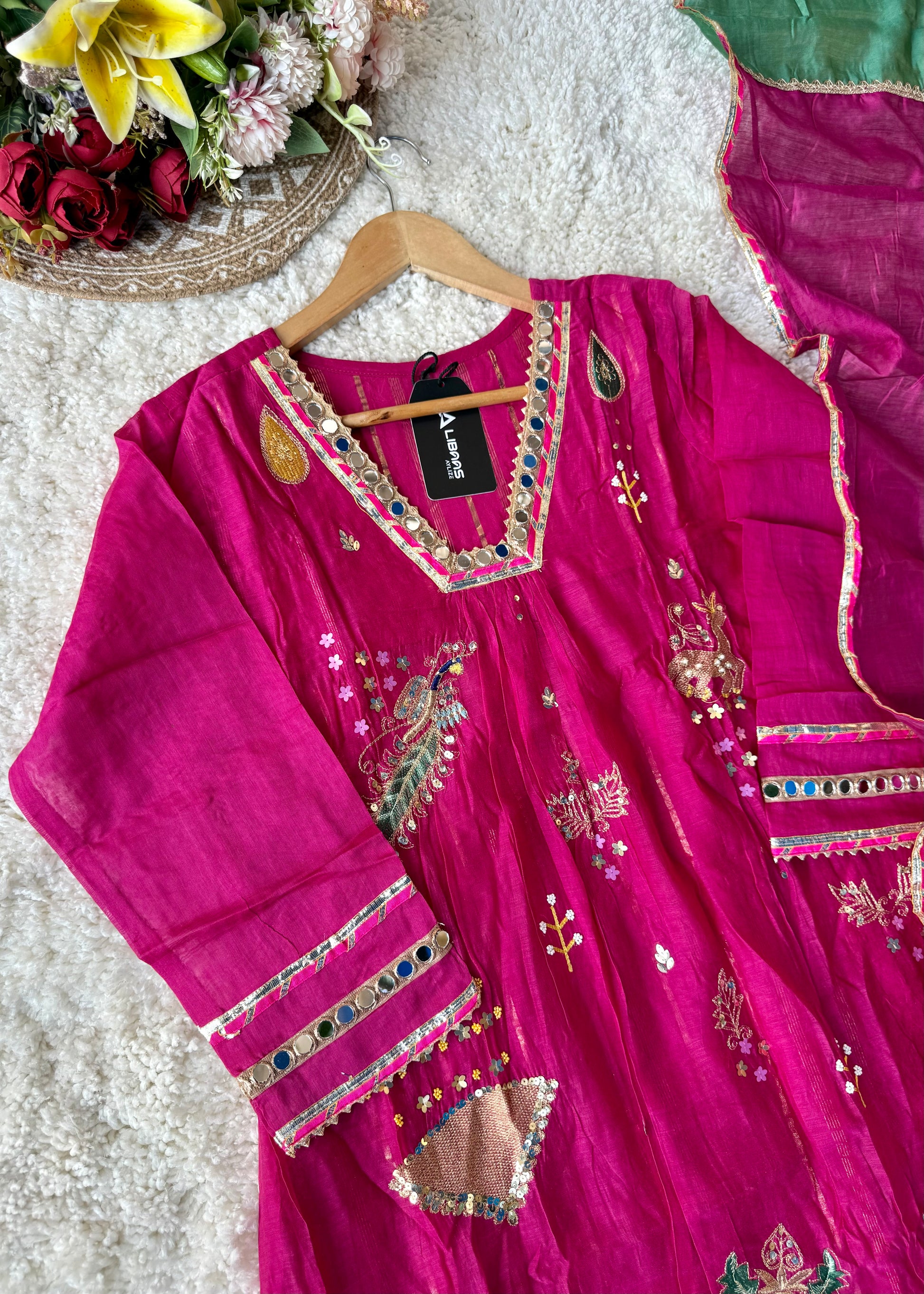 “Fuchsia” Trending Mul Chanderi Heavy Handwork A Line Suit Set