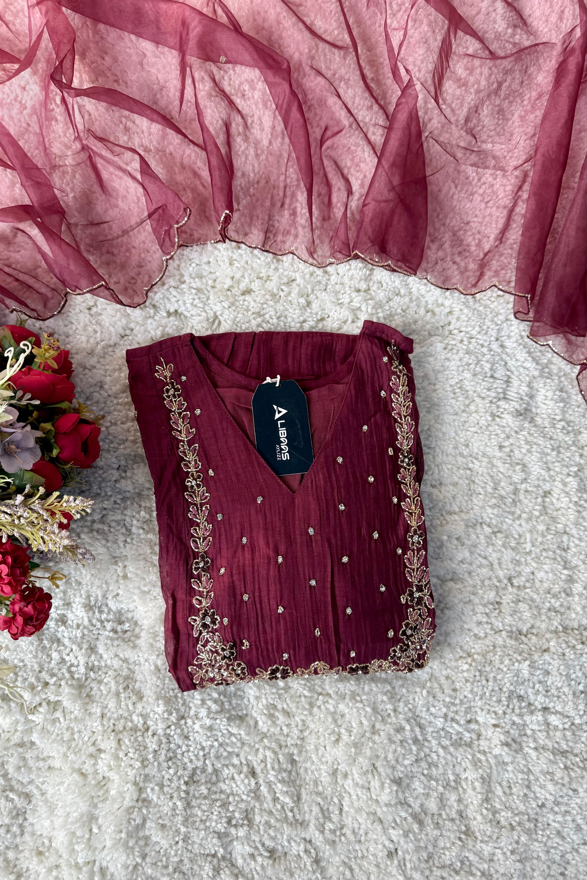 “Ayza” Pre book Premium Maroon Mul Chanderi A Line Suit set 🛍️