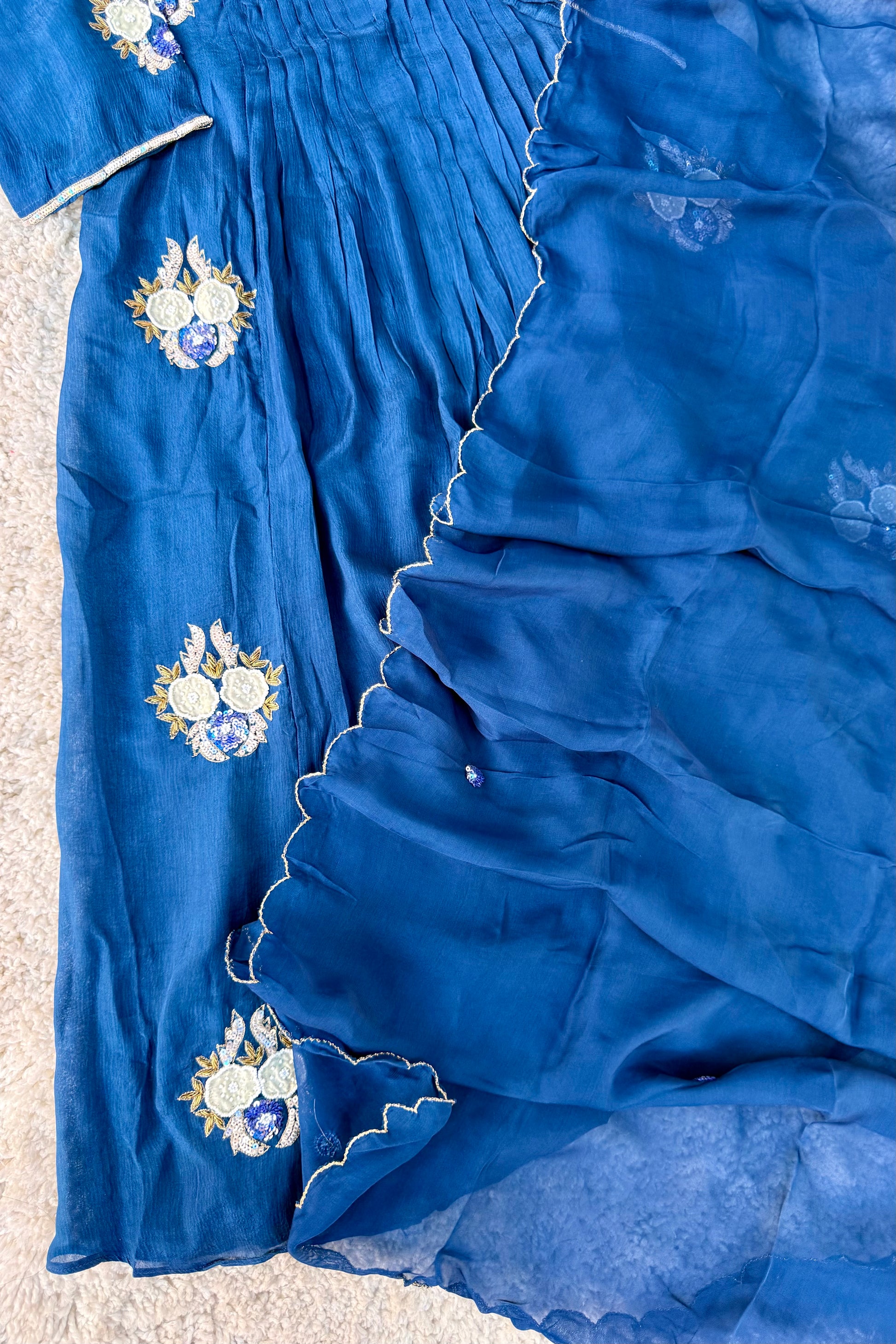💫Maya – Premium Blue Chinnon A Line Kurta Set