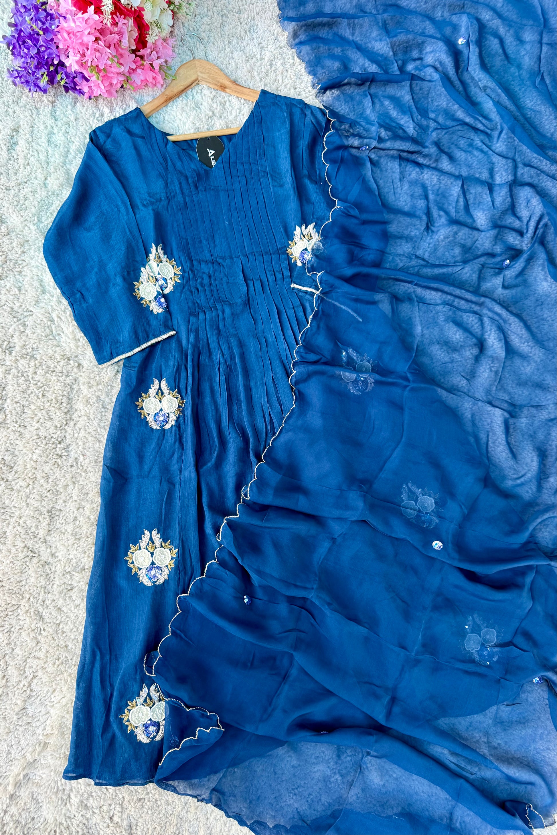 💫Maya – Premium Blue Chinnon A Line Kurta Set