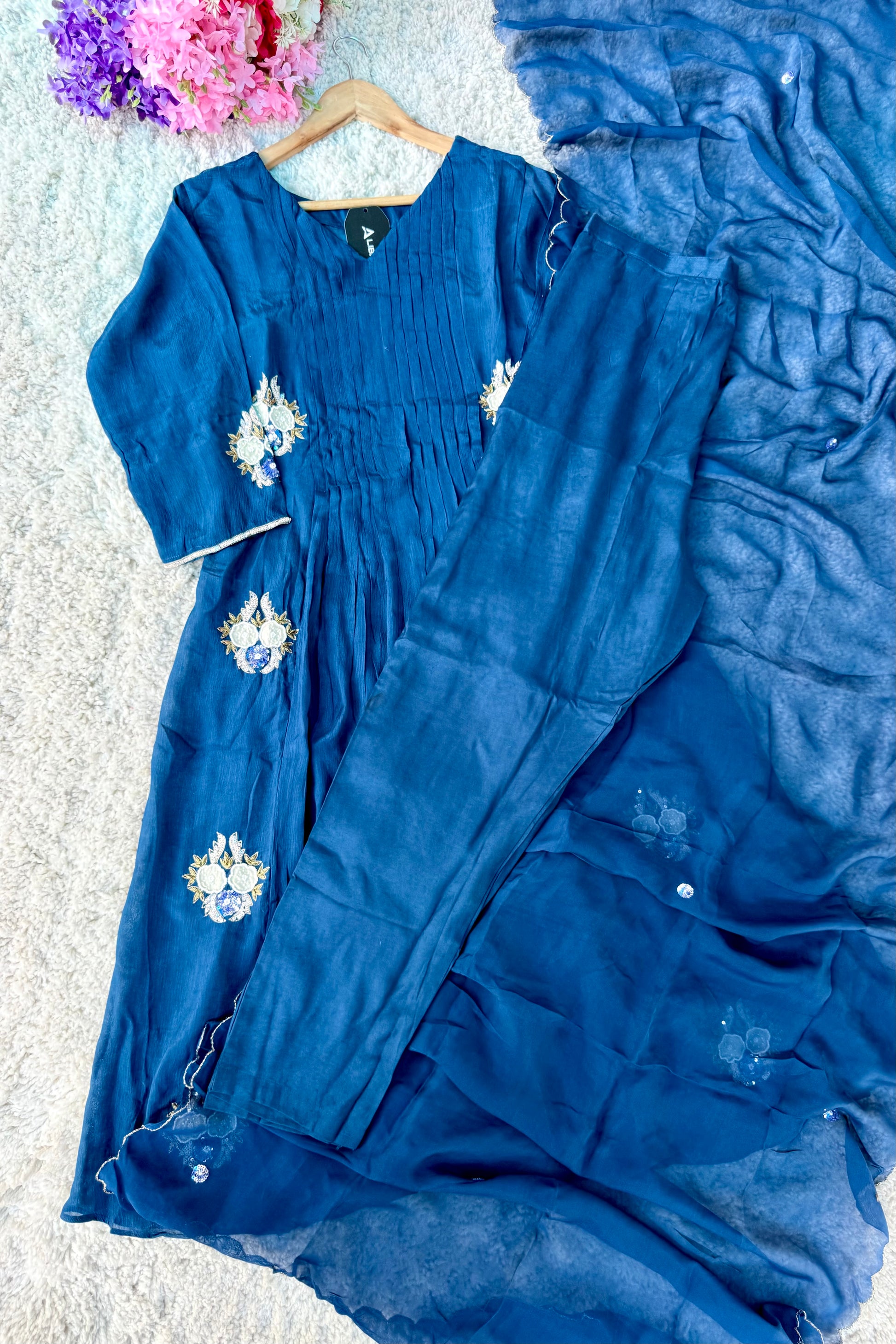 💫Maya – Premium Blue Chinnon A Line Kurta Set