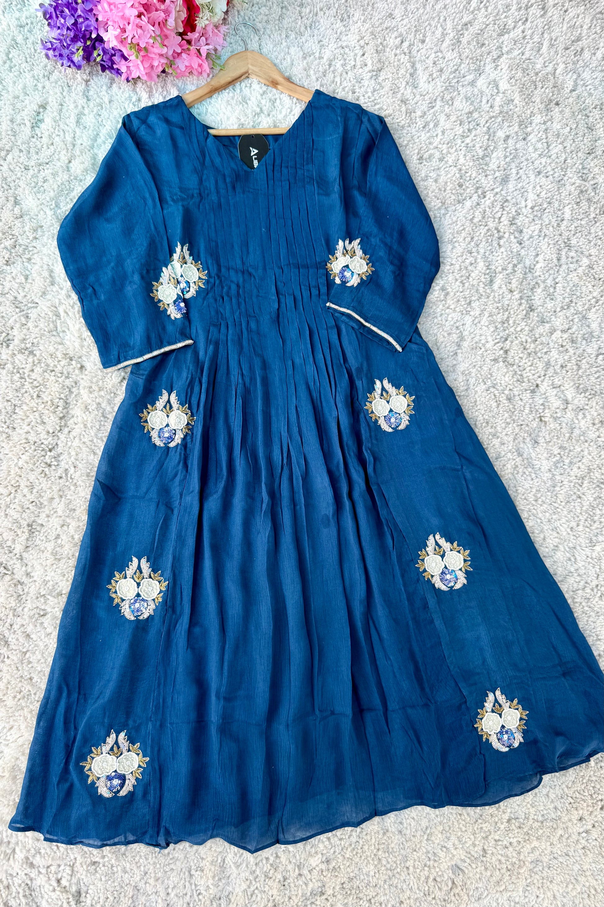 💫Maya – Premium Blue Chinnon A Line Kurta Set