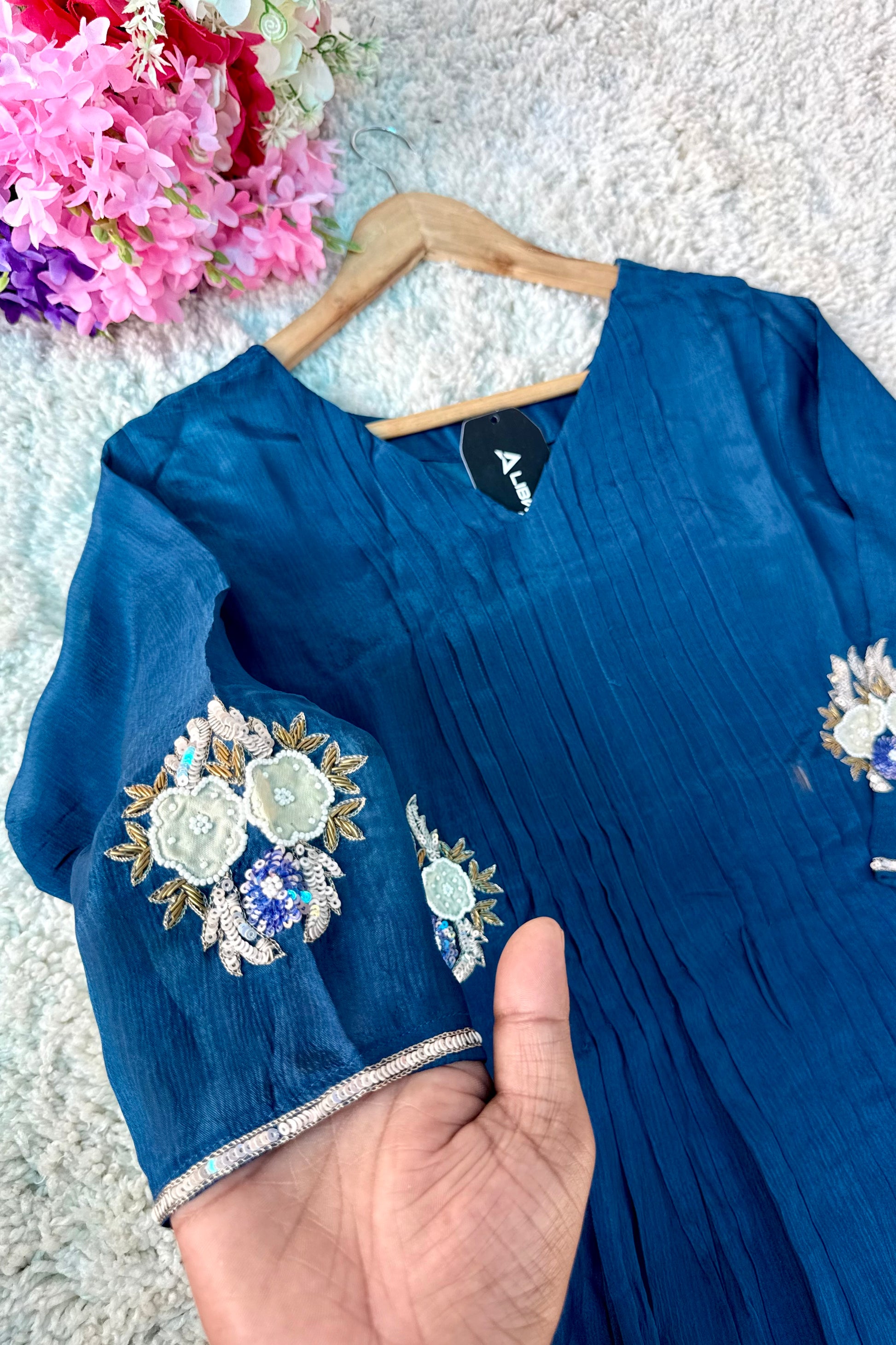 💫Maya – Premium Blue Chinnon A Line Kurta Set