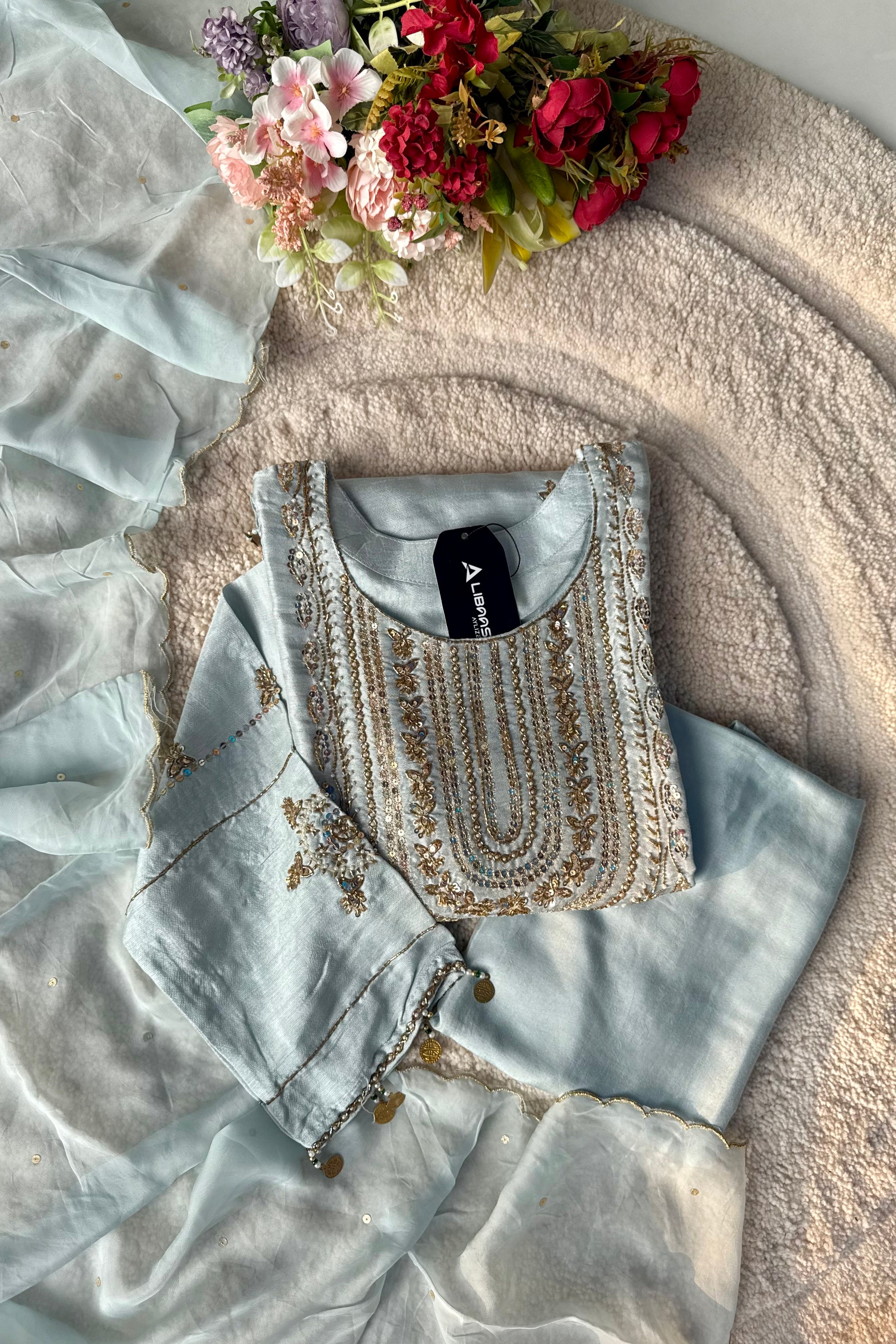 “Aylize” Elegant Dola Silk heavy handwork Kurta Set with Dupatta