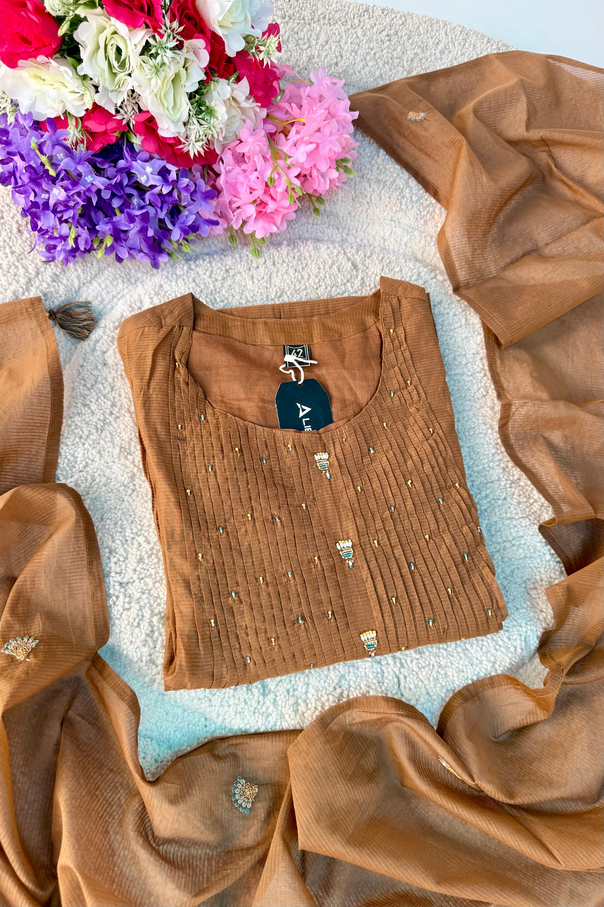 ✨Az01- Brown Kota Cotton Embroidered Anarkali Kurta Set