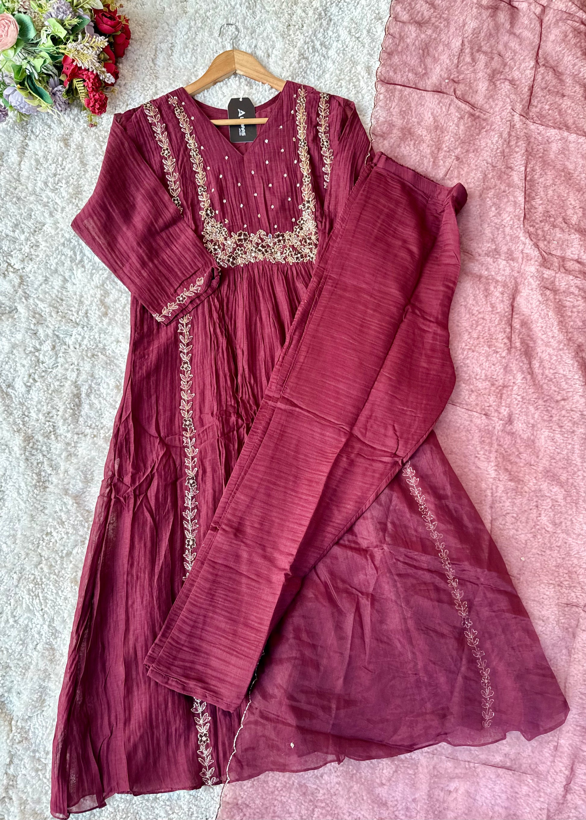“Ayza” Pre book Premium Maroon Mul Chanderi A Line Suit set 🛍️