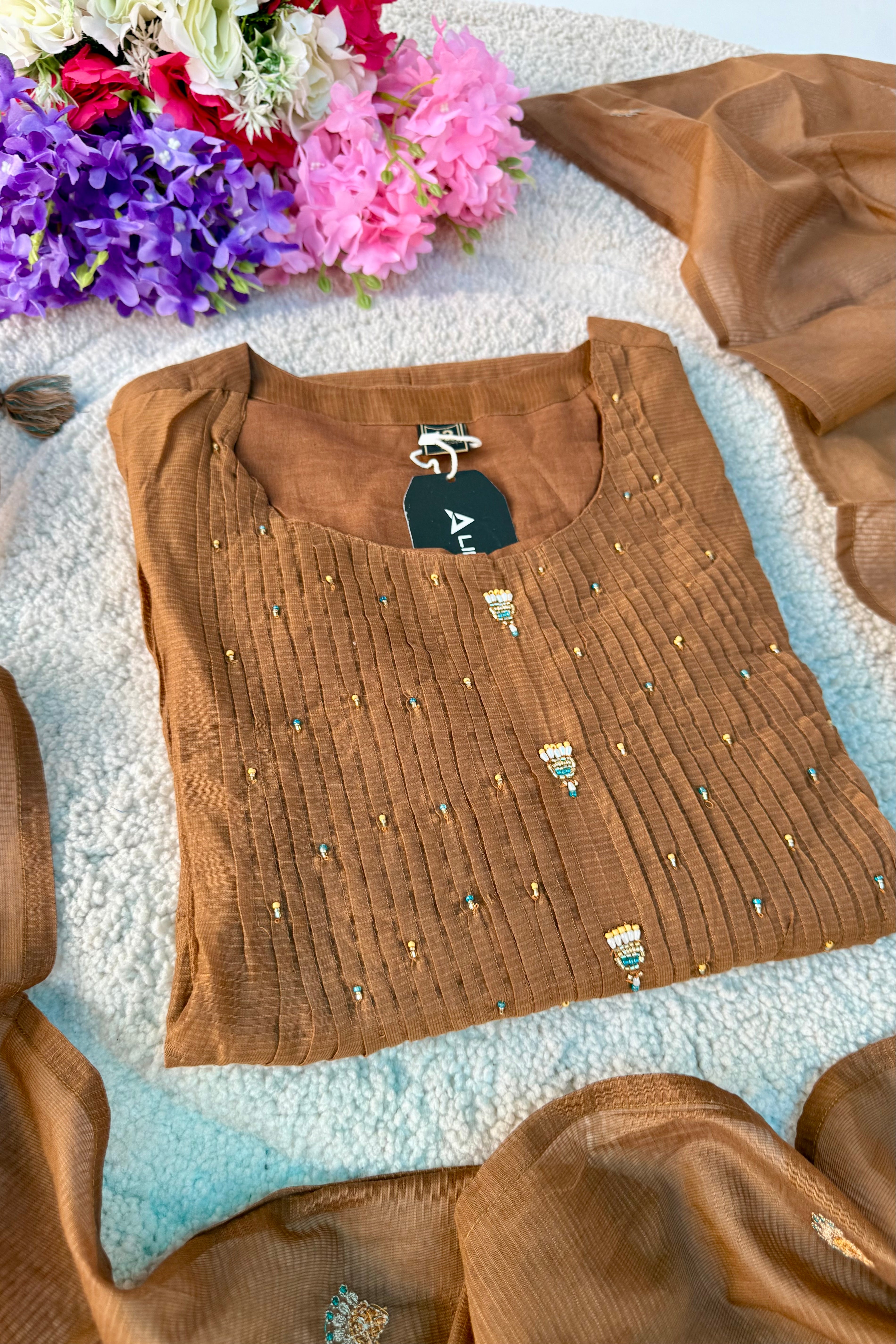 ✨Az01- Brown Kota Cotton Embroidered Anarkali Kurta Set