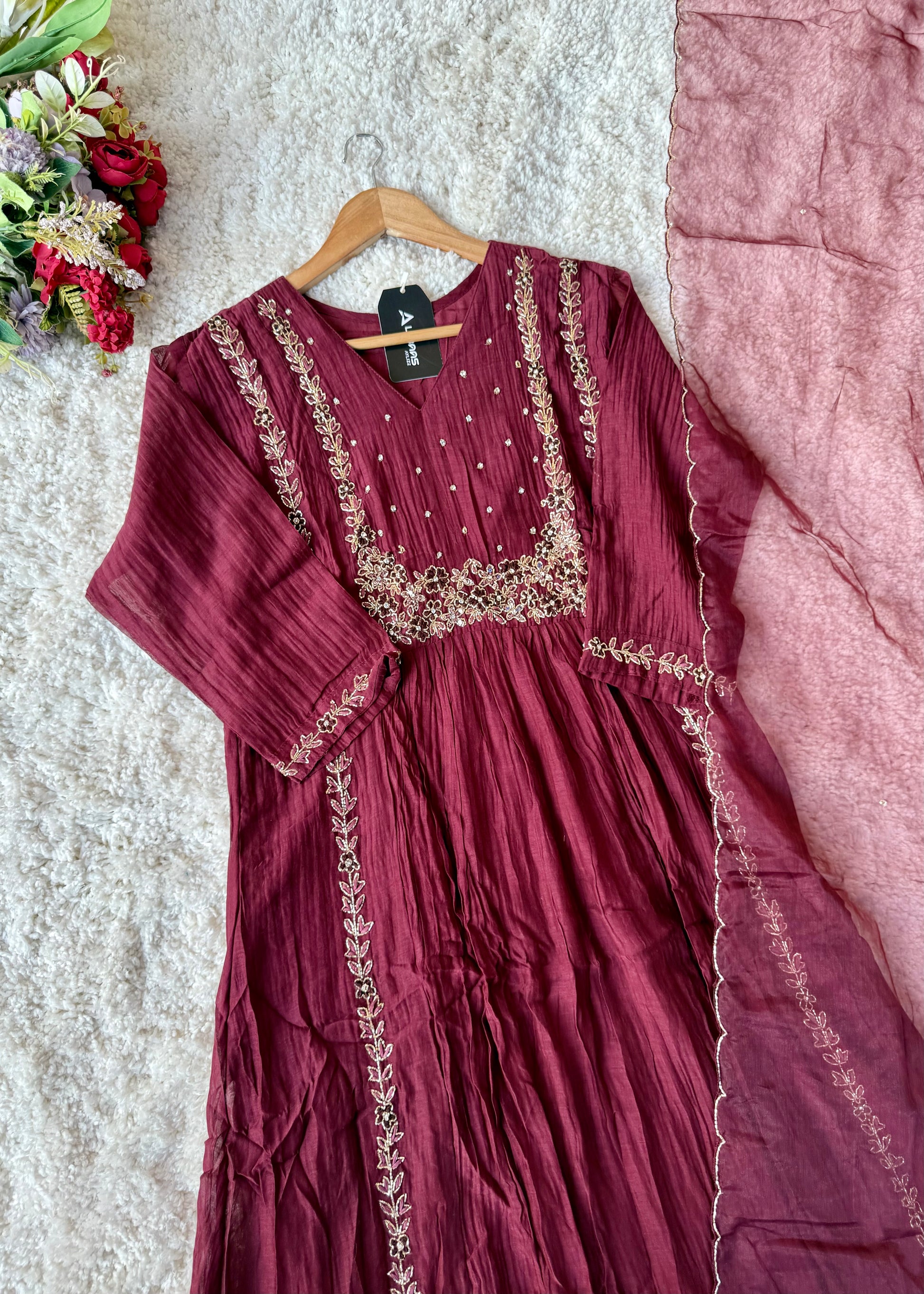 “Ayza” Pre book Premium Maroon Mul Chanderi A Line Suit set 🛍️