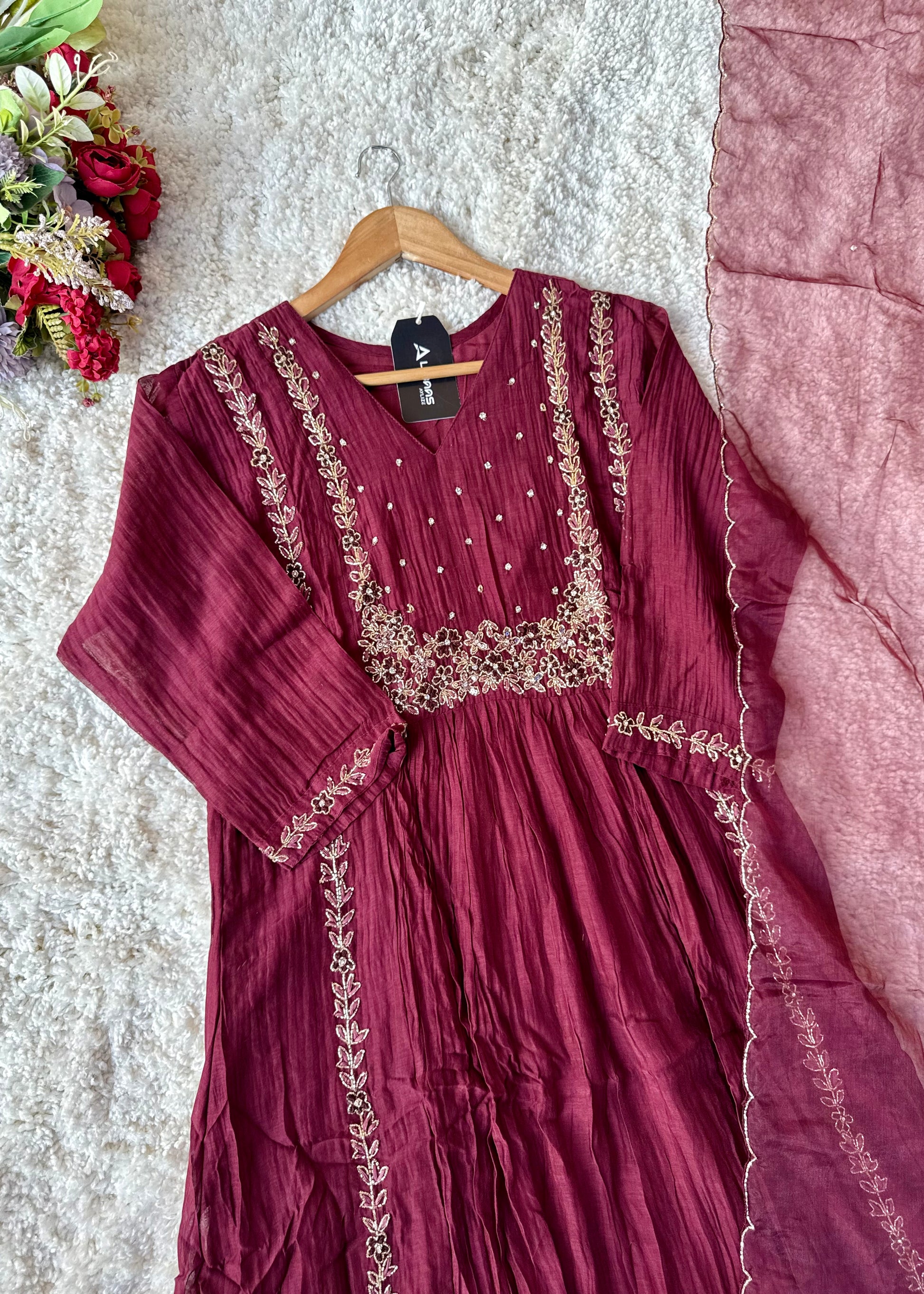 “Ayza” Pre book Premium Maroon Mul Chanderi A Line Suit set 🛍️