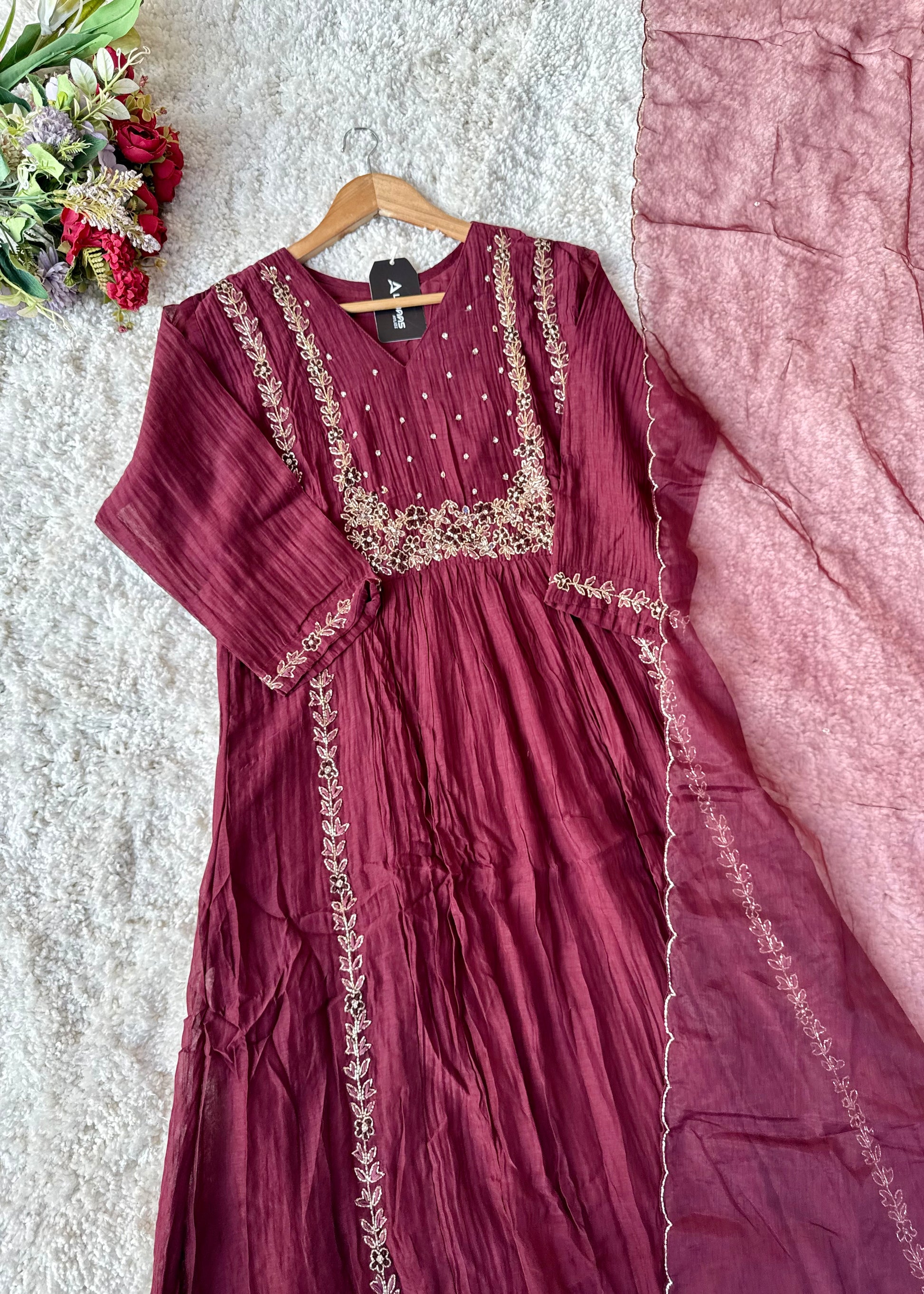 “Ayza” Pre book Premium Maroon Mul Chanderi A Line Suit set 🛍️