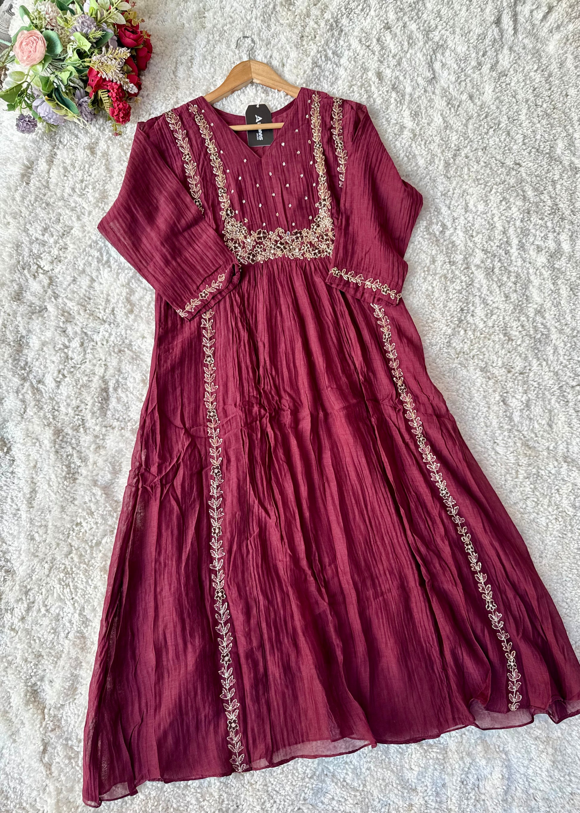 “Ayza” Pre book Premium Maroon Mul Chanderi A Line Suit set 🛍️