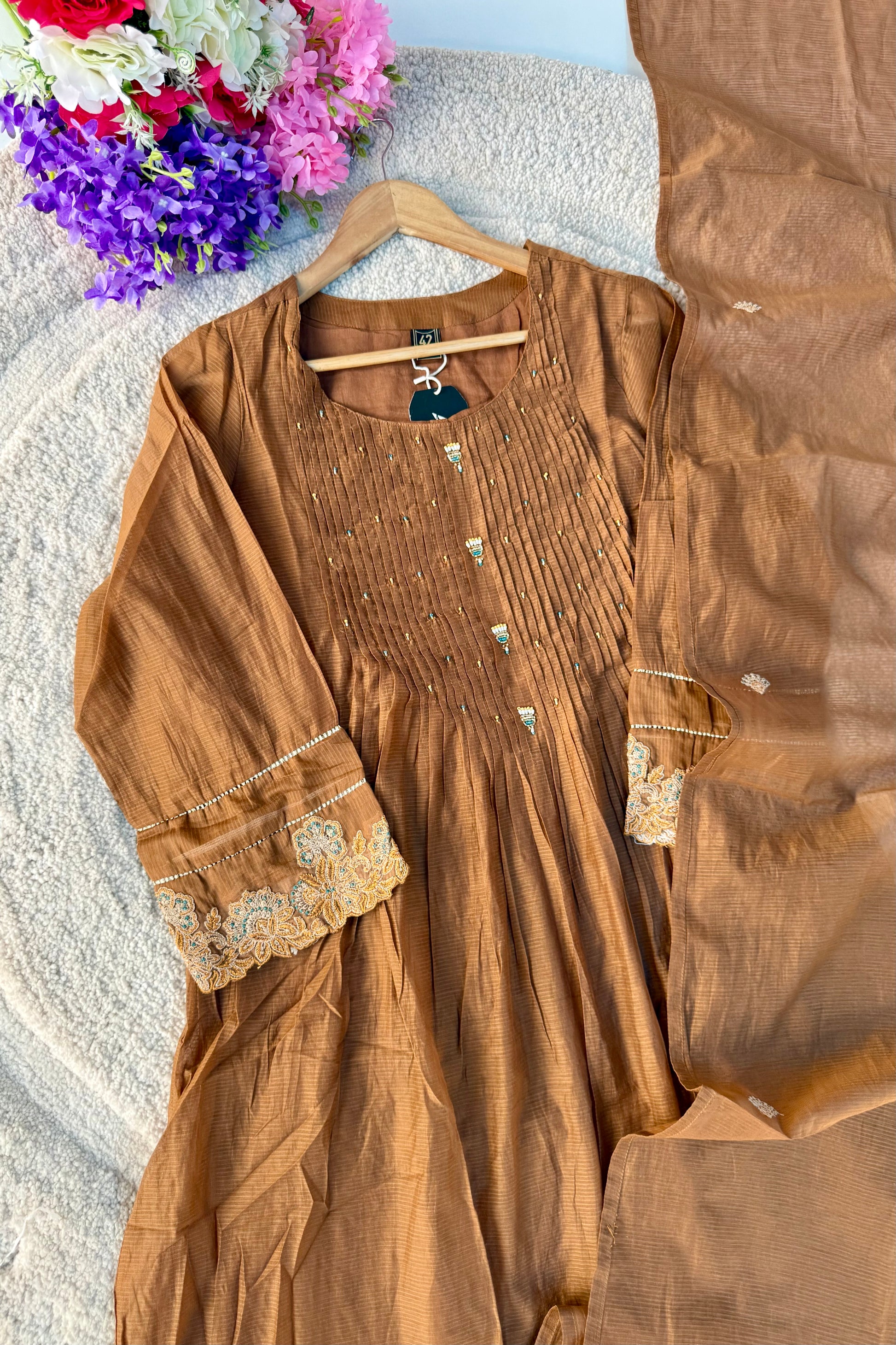 ✨Az01- Brown Kota Cotton Embroidered Anarkali Kurta Set