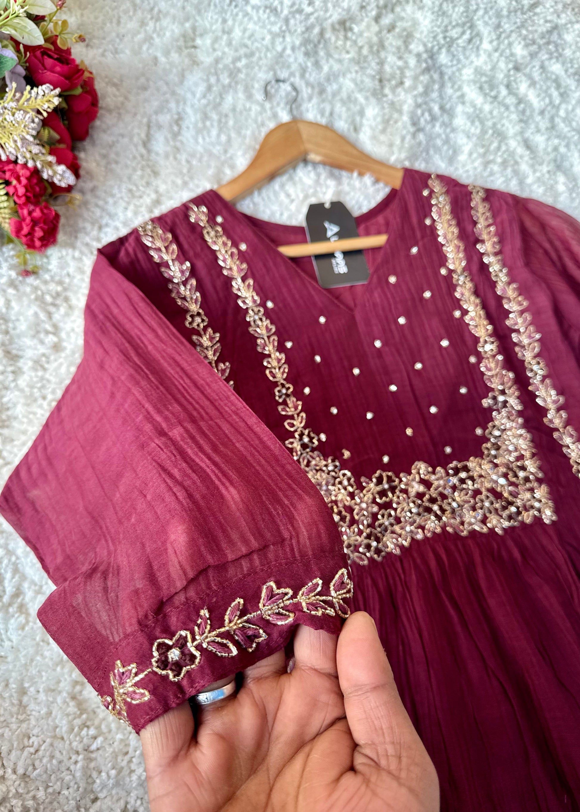 “Ayza” Pre book Premium Maroon Mul Chanderi A Line Suit set 🛍️