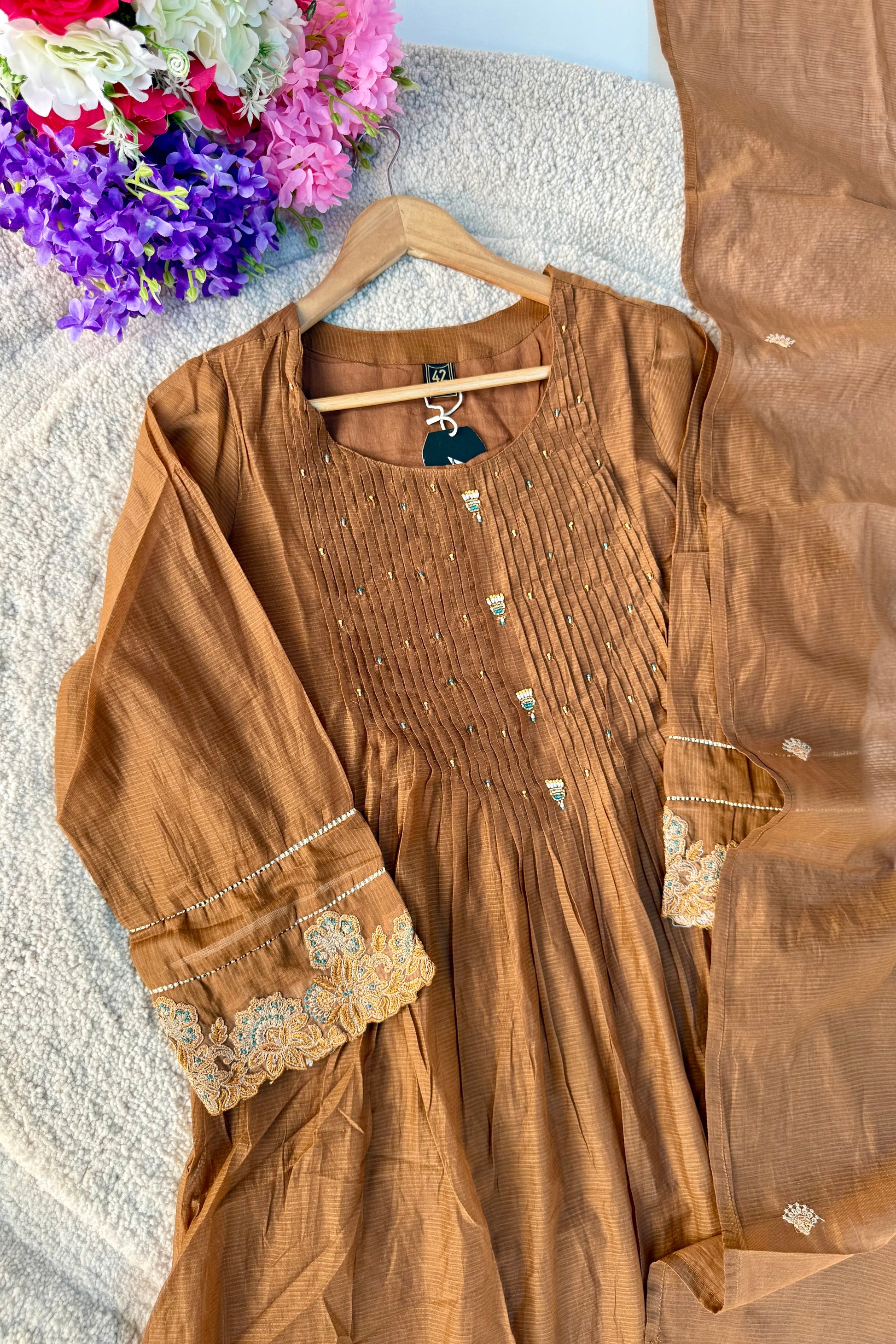 ✨Az01- Brown Kota Cotton Embroidered Anarkali Kurta Set