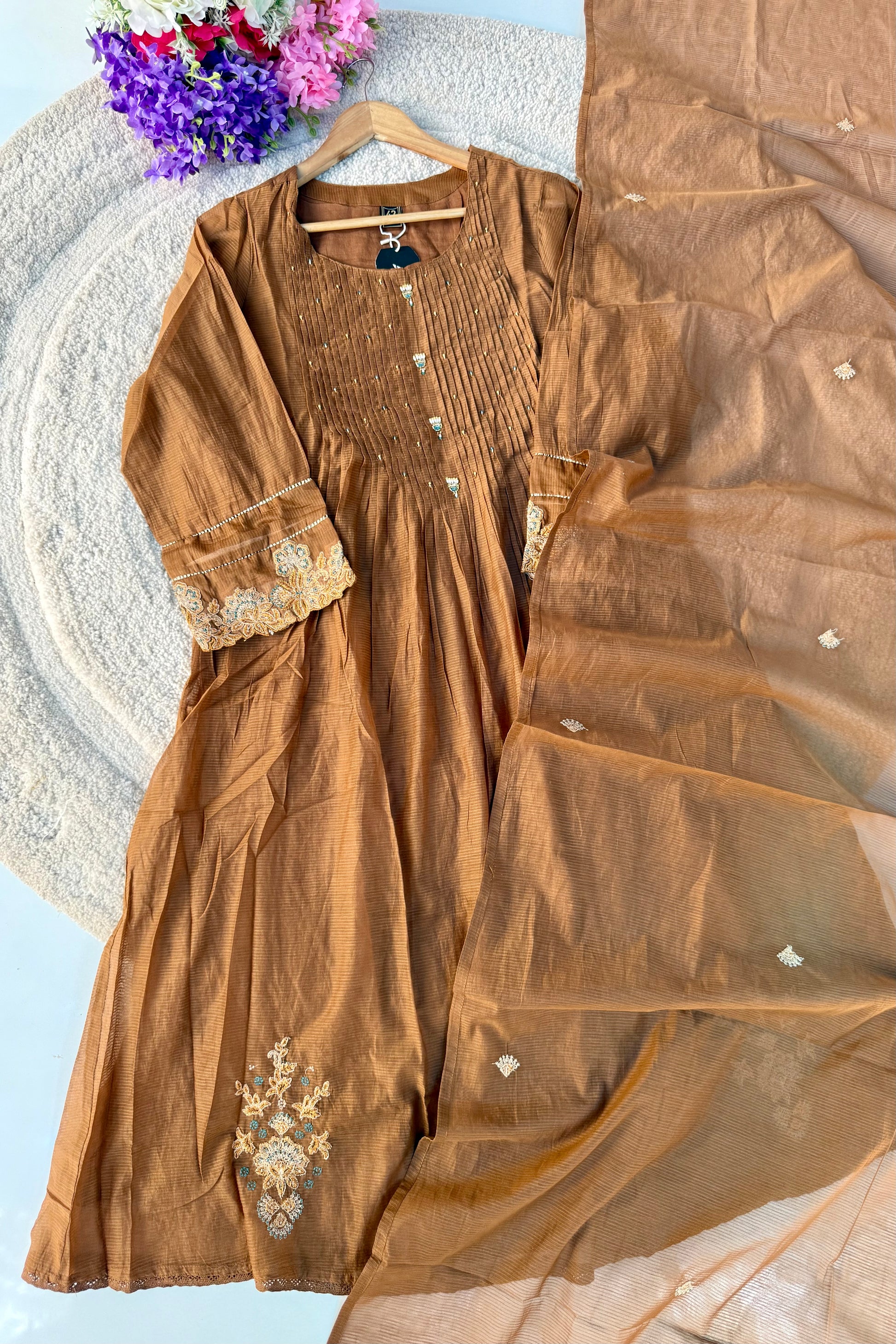✨Az01- Brown Kota Cotton Embroidered Anarkali Kurta Set