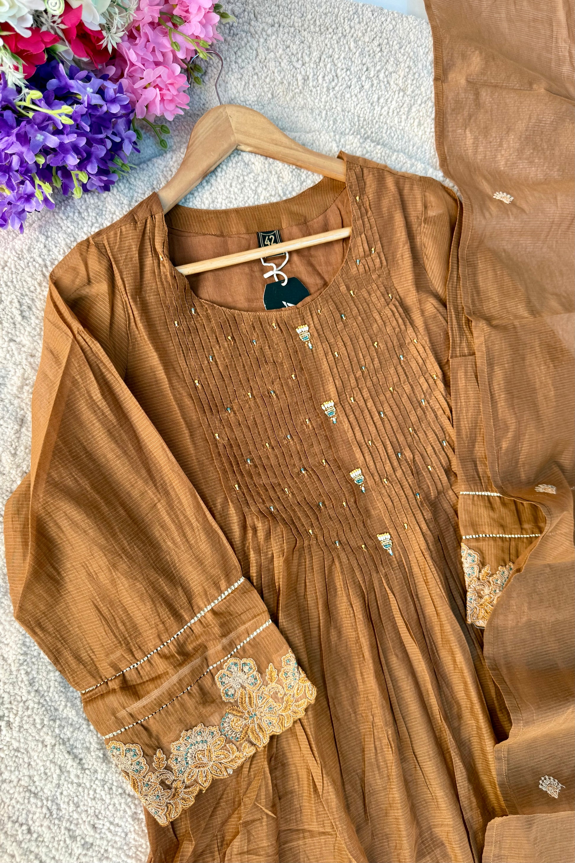 ✨Az01- Brown Kota Cotton Embroidered Anarkali Kurta Set