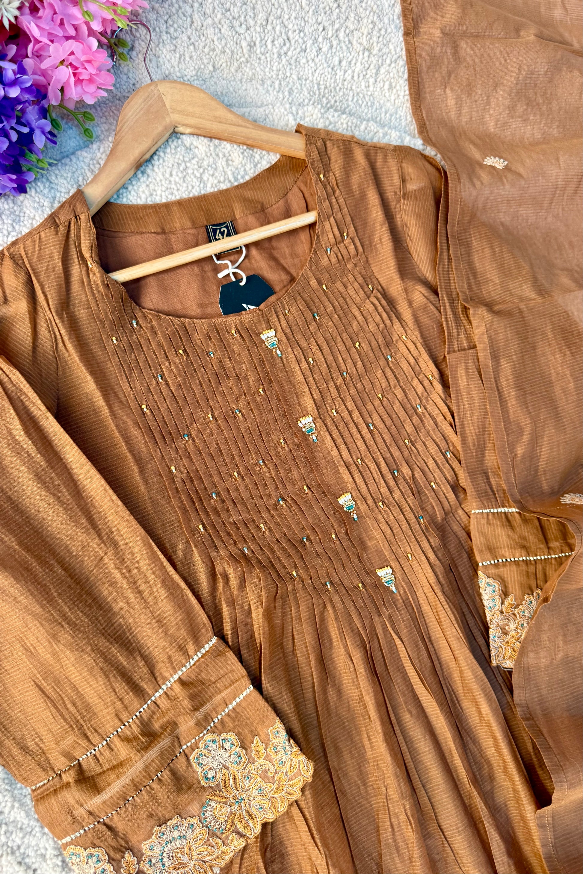 ✨Az01- Brown Kota Cotton Embroidered Anarkali Kurta Set