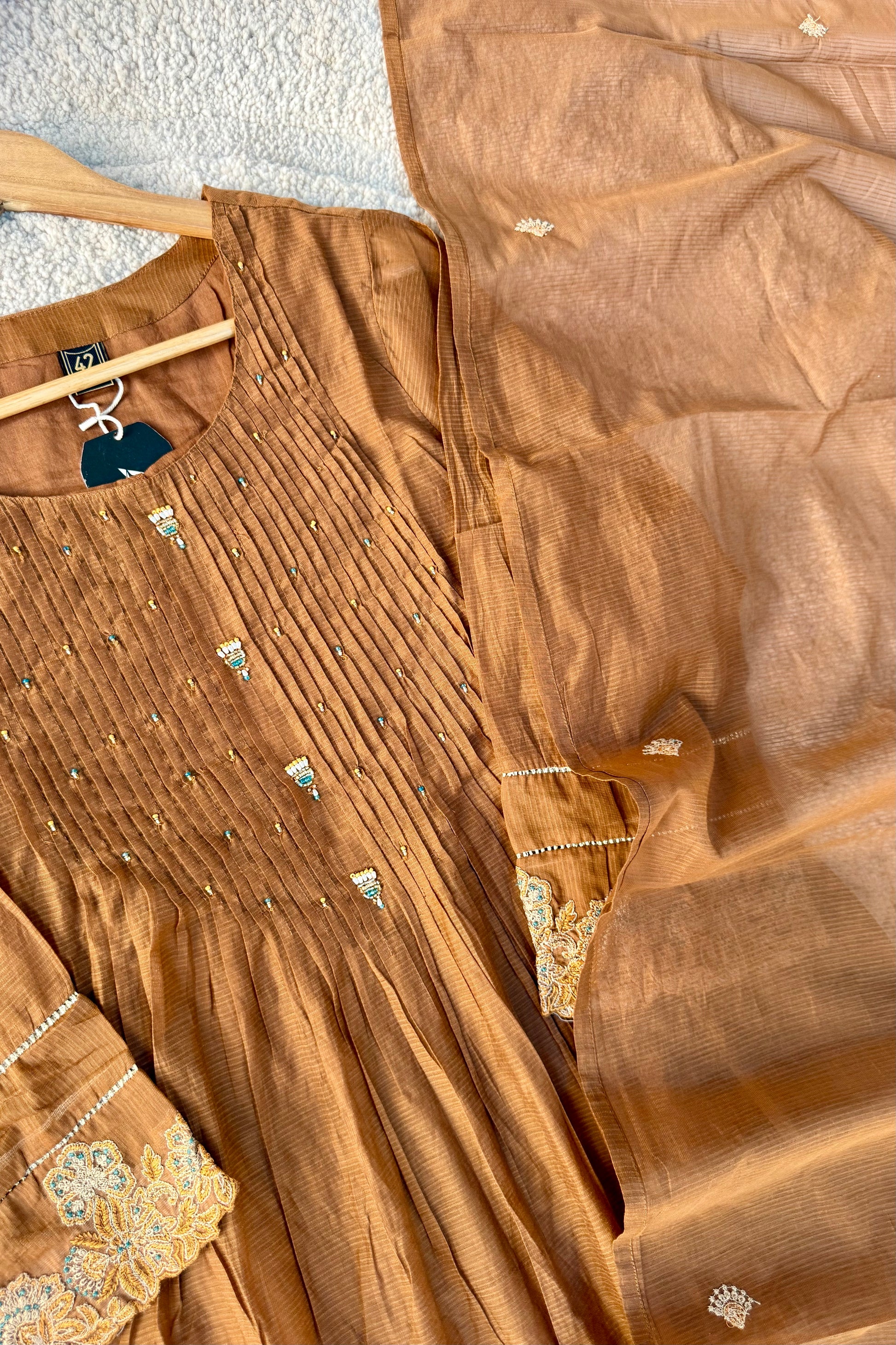 ✨Az01- Brown Kota Cotton Embroidered Anarkali Kurta Set