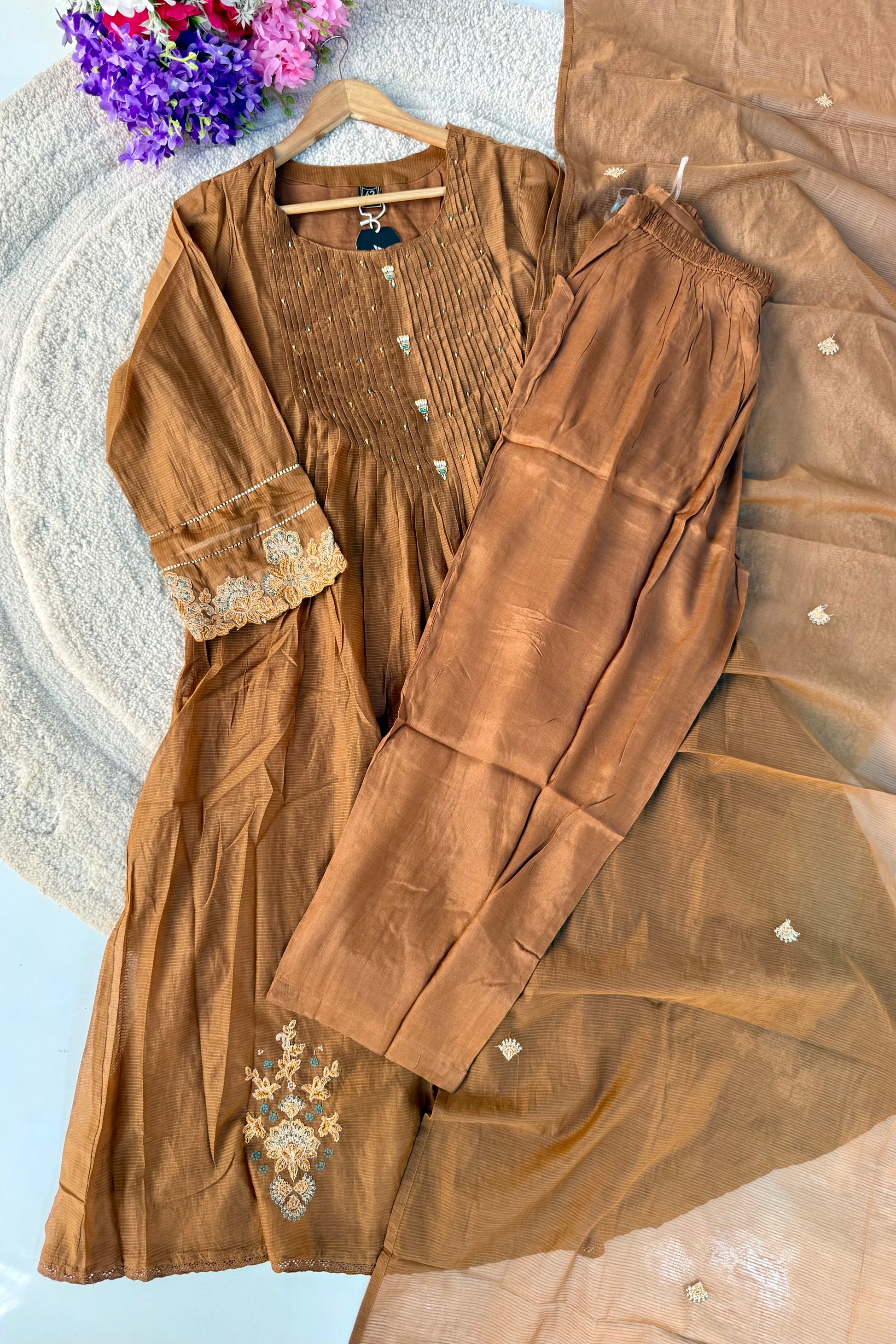 ✨Az01- Brown Kota Cotton Embroidered Anarkali Kurta Set