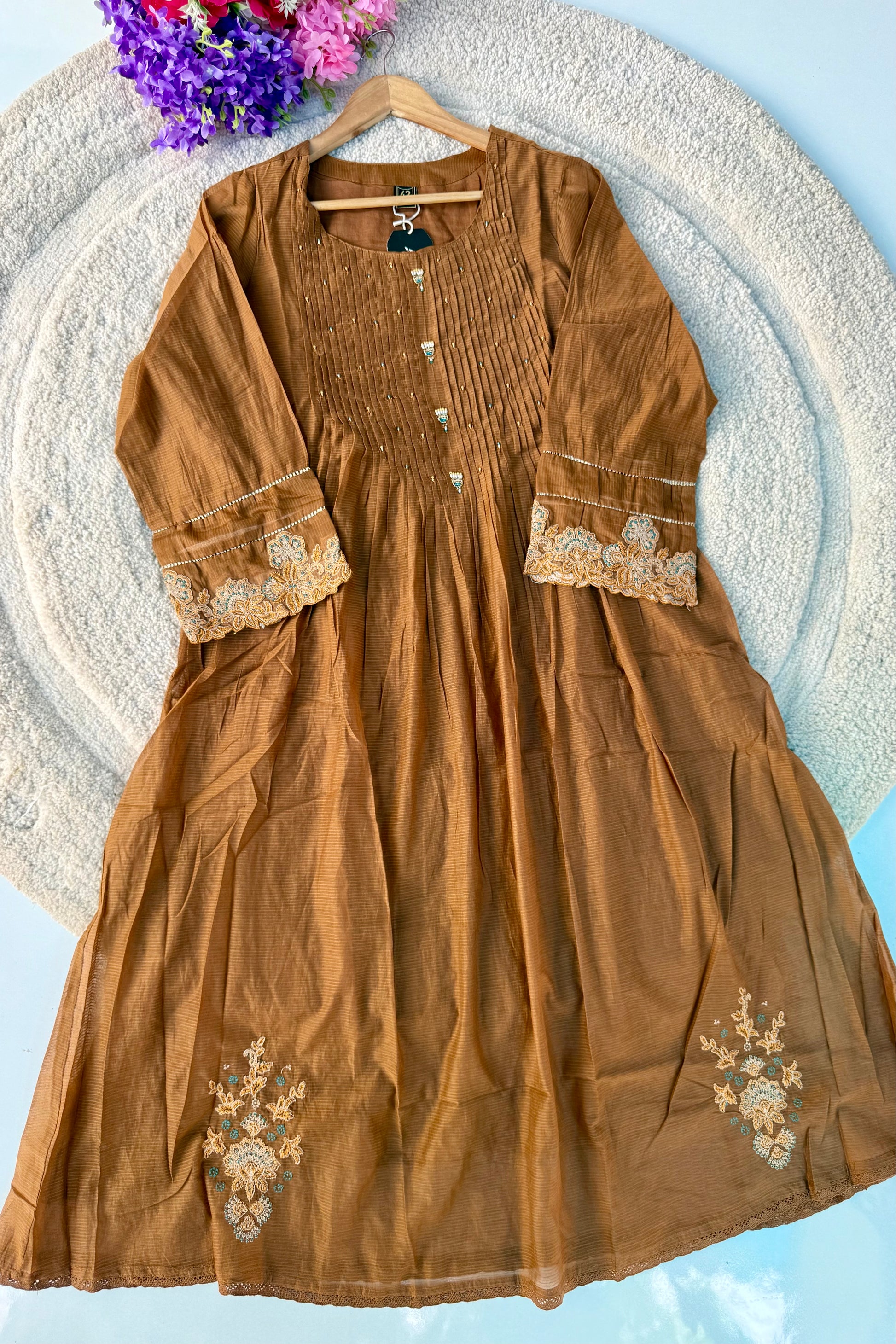 ✨Az01- Brown Kota Cotton Embroidered Anarkali Kurta Set