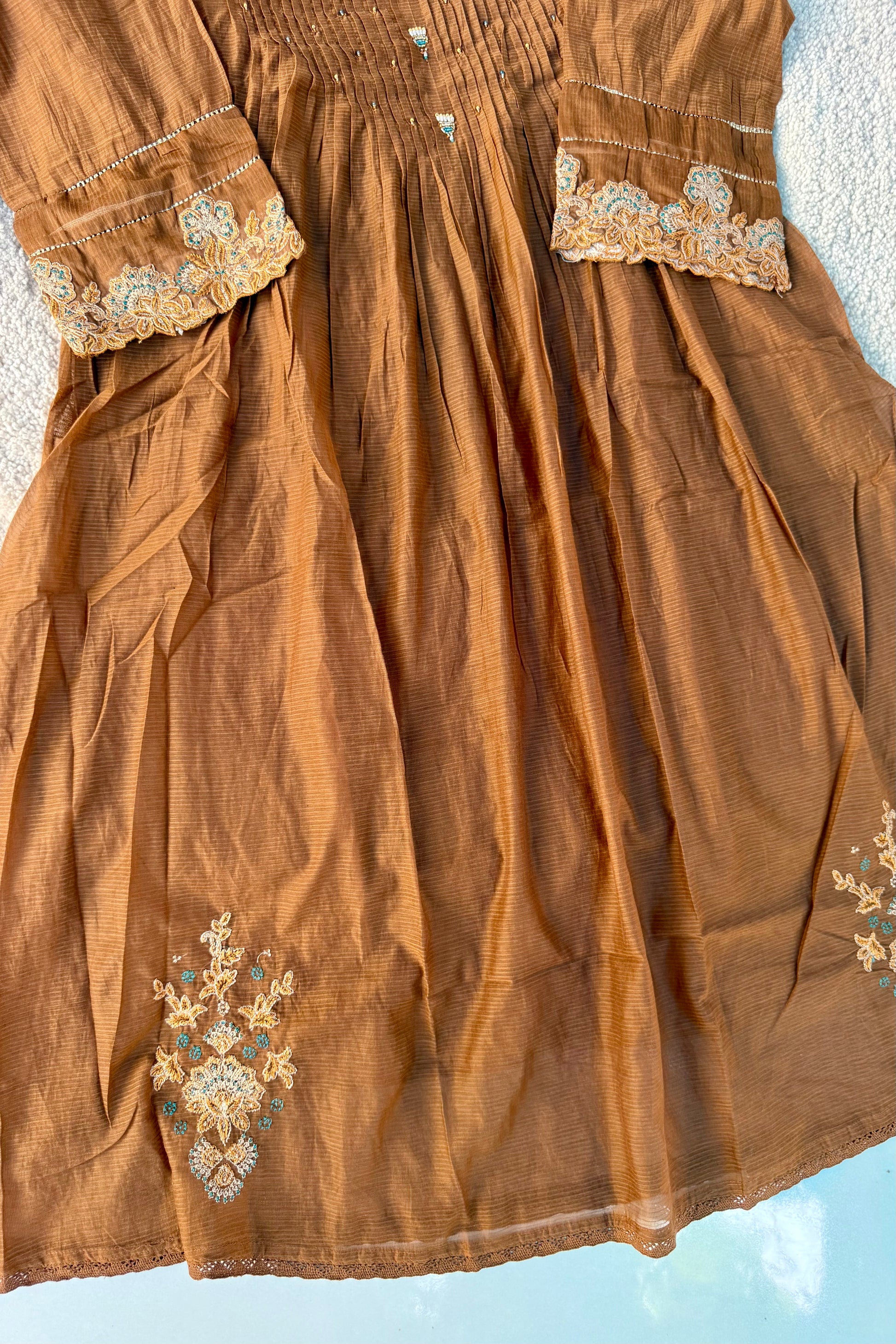 ✨Az01- Brown Kota Cotton Embroidered Anarkali Kurta Set