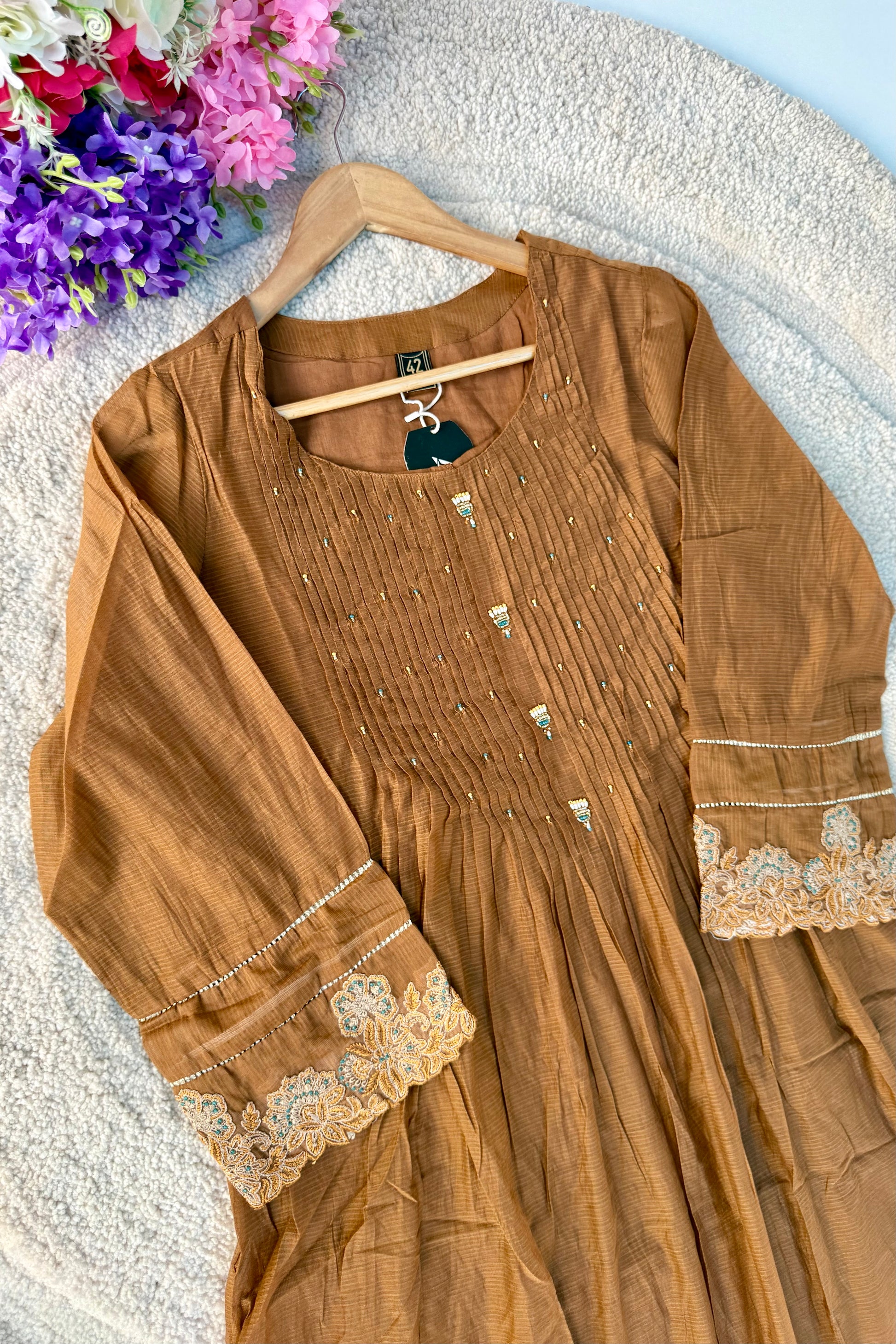 ✨Az01- Brown Kota Cotton Embroidered Anarkali Kurta Set