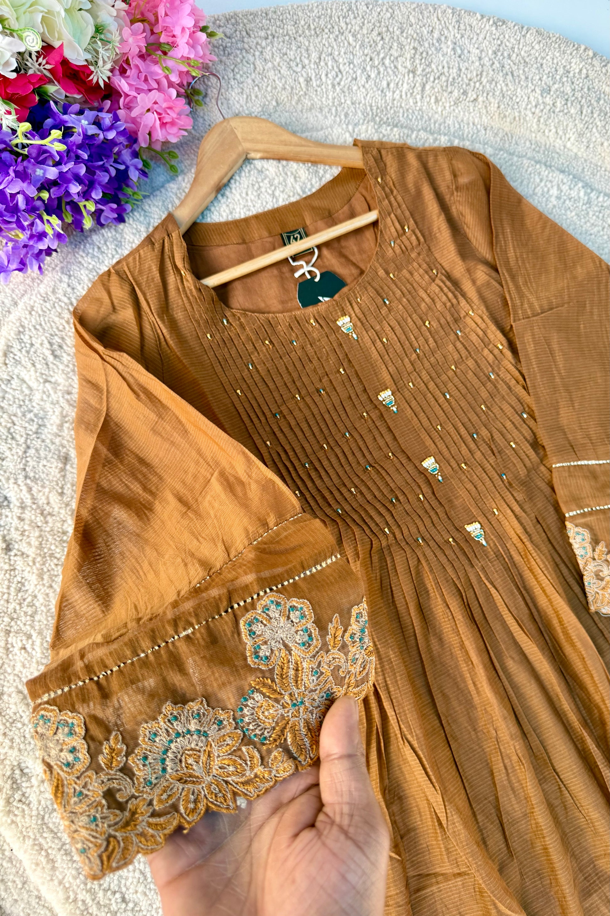 ✨Az01- Brown Kota Cotton Embroidered Anarkali Kurta Set