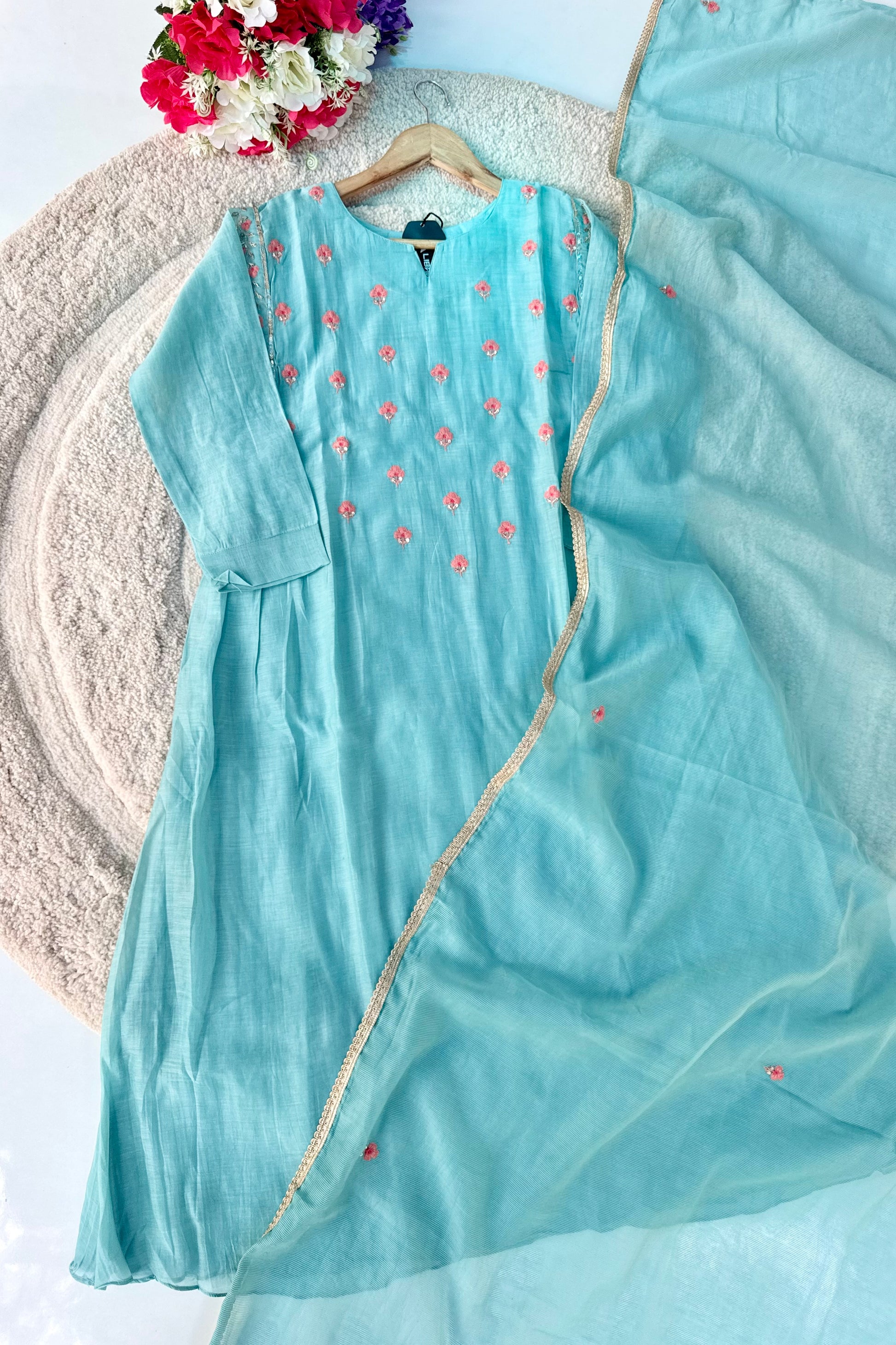 🛍️”Delilah – Premium Aqua Blue Mul Chanderi A Line Kurta Set
